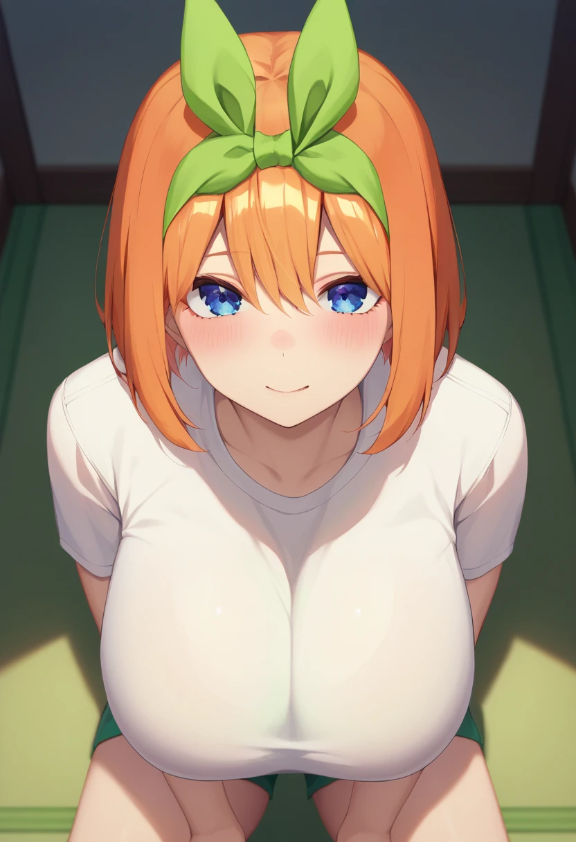 yotsuba nakano, bangs, short hair, blue eyes, hair between eyes, hair ribbon, hairband, orange hair, (green ribbon:1.5), face forward、 huge breasts、valley、Crouching、(Put your hands on your knees)、Shoulders exposed、 bedroom,White knit、lunch