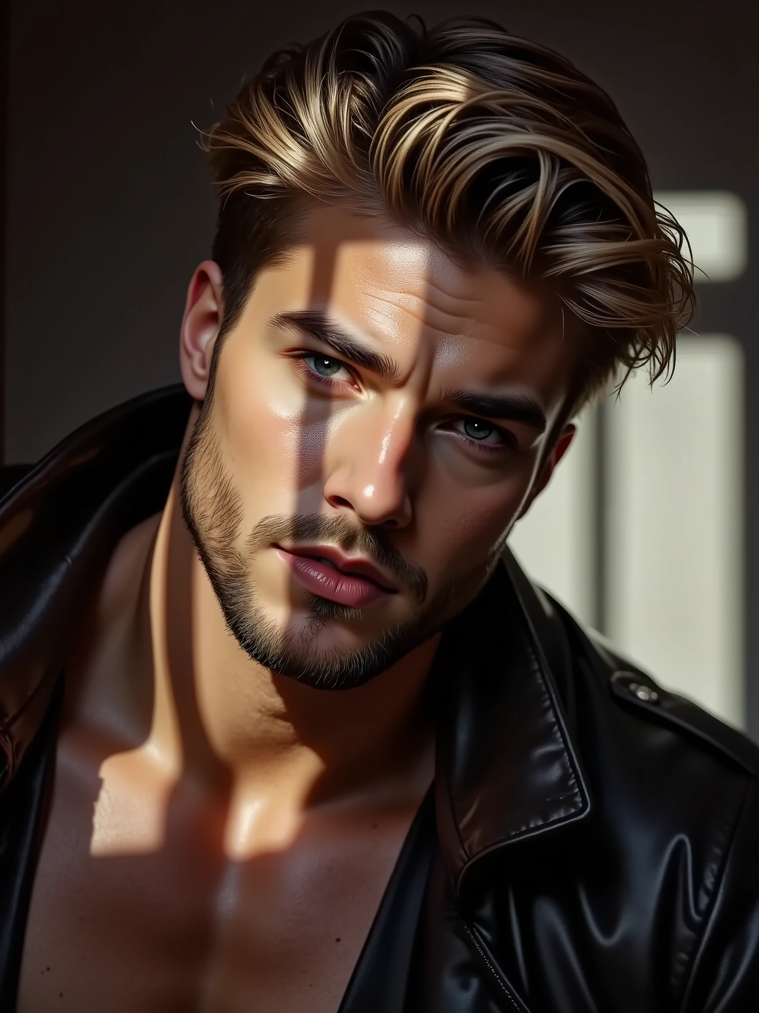  a close up of a handsome and elegant blond European man , In a black shirt looking at the camera on the left side dark room ,  dark blackened left side , On the right side, sunlight illuminates his face and vertical shadows from the window hit his face,  poses sensual elegant clothes , In the shade ,  digital art by Adam Szentpétery , tumblr, arte digital,  handsome male , Attractive Man, male model, Attractive Man,  attractive and handsome face , Apuesto y atractivo, Beautiful face, perfect Beautiful face,  medium shot of a muscular ,  sexy look , cristiano cline, sexy male, chiaroscuro, depth of field, cinematic lighting, Fujicolor, UHD, Retina, masterpiece, Accurate, anatomically correct, textured skin, Super detail, high details, high quality,  award winning , best quality, highres, 1080P, HD, 16K