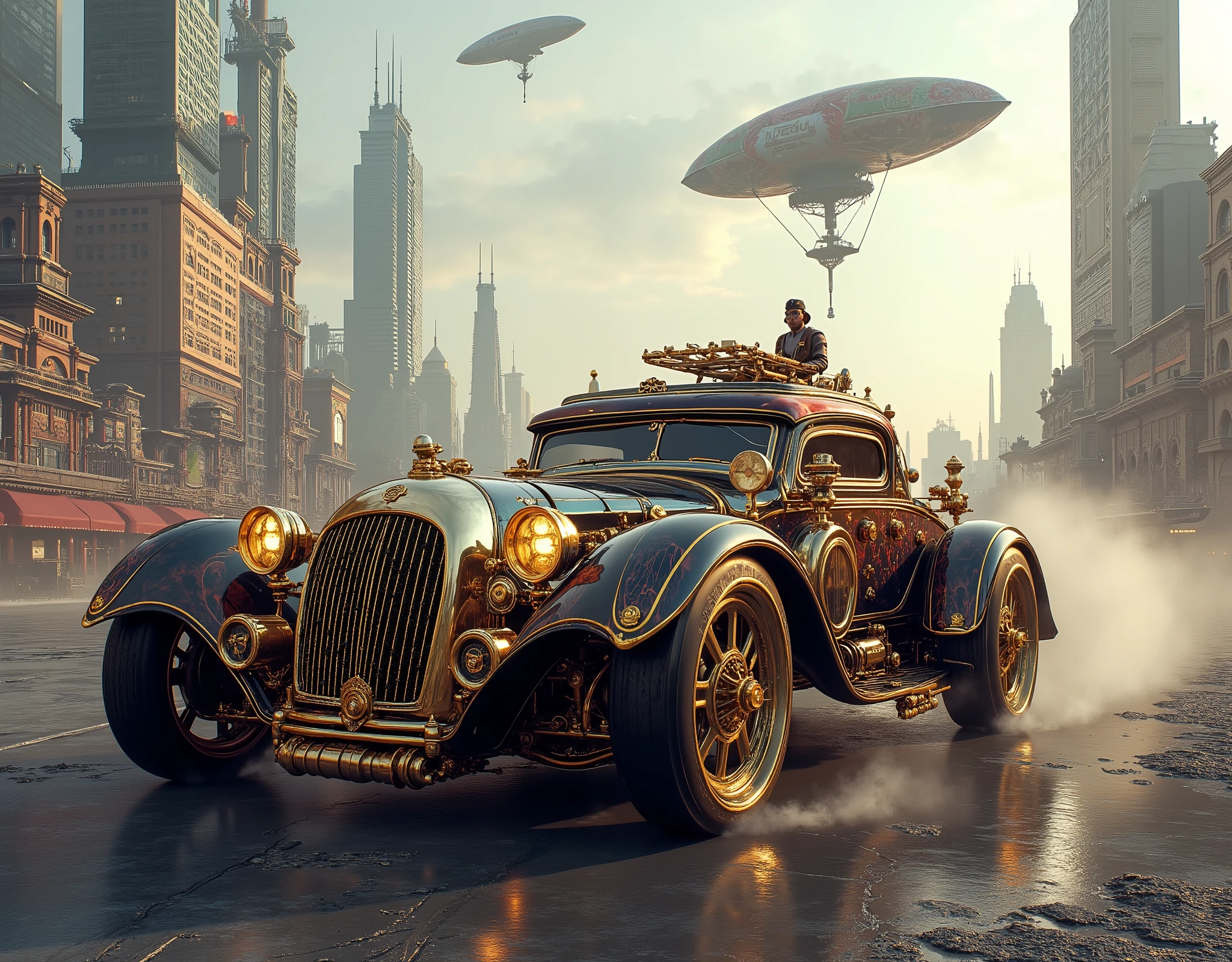 ( masterpiece:1.2 ), ( super detailed), 8k, 16k, wallpaper,(  steampunk:2.0) ,sci-fi ,retrofuture,Team Punk Car , Steam Engine Powered Car , Anime Artwork,ワンボックス