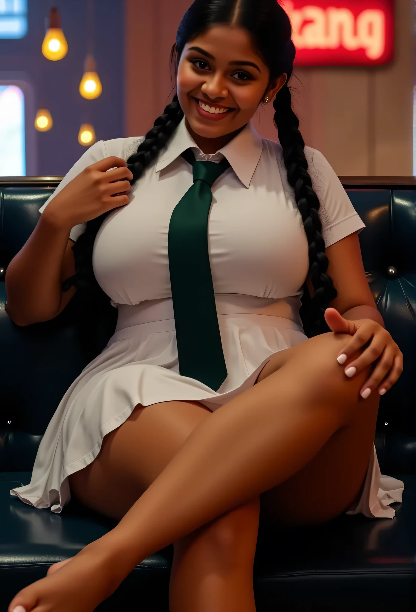 beautiful cute Sri Lankan school girl, in barefoot, Large breast size , 20 years old, wearing a white frock and a dark green tie. She has plaits, black braided long hair, in barefoot, beautiful feet, correct anatomy of other body parts, beaming with happiness as she poses in a night club, brown skin tone, sweaty skin, thighs are exposed, better pose, full body view, leaning back to sofa, cross leg pose