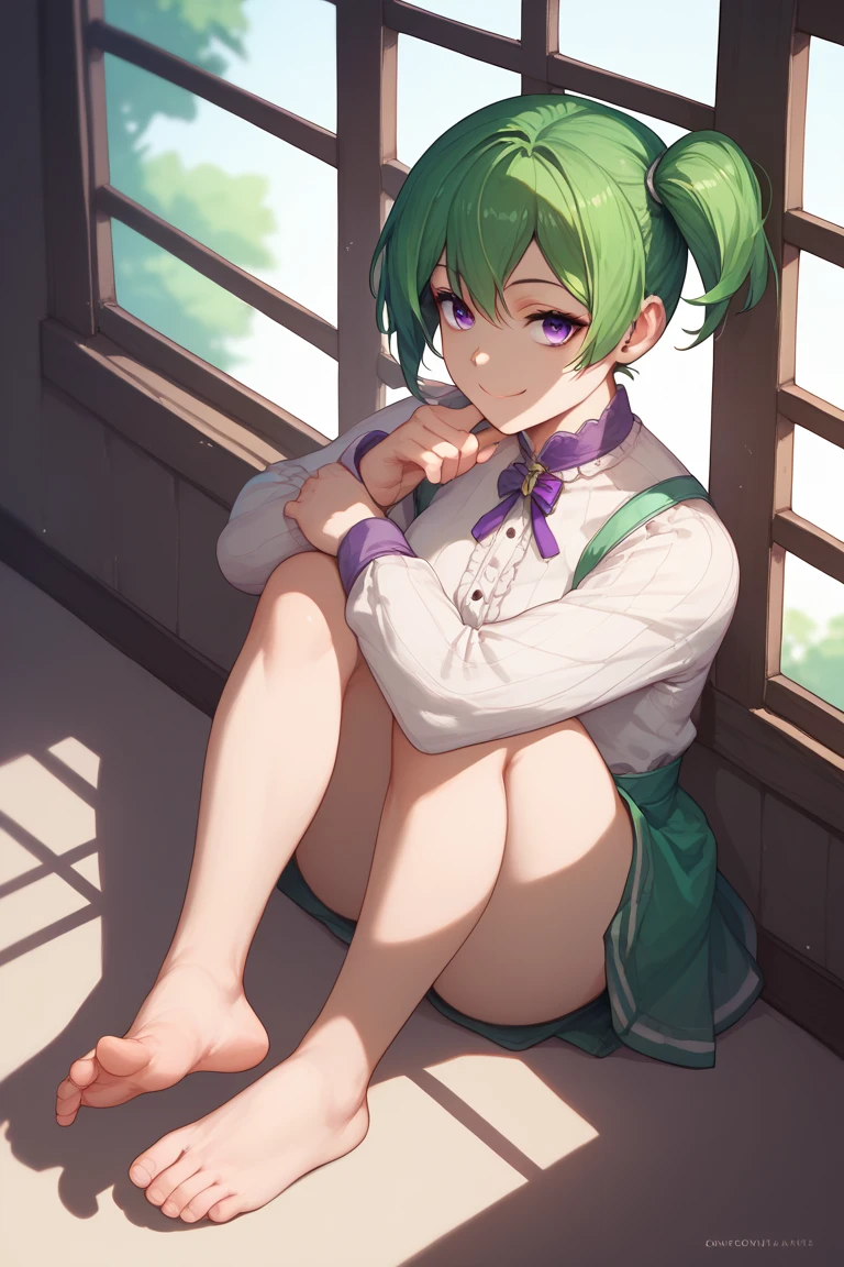  1 girl, Solo,  high resolution,best quality , boobs,  looks at the audience , Short hair, side ponytail,Green hair,Purple eyes,smile,Hands, feet, chin,Window Backdrop,light,shadow,