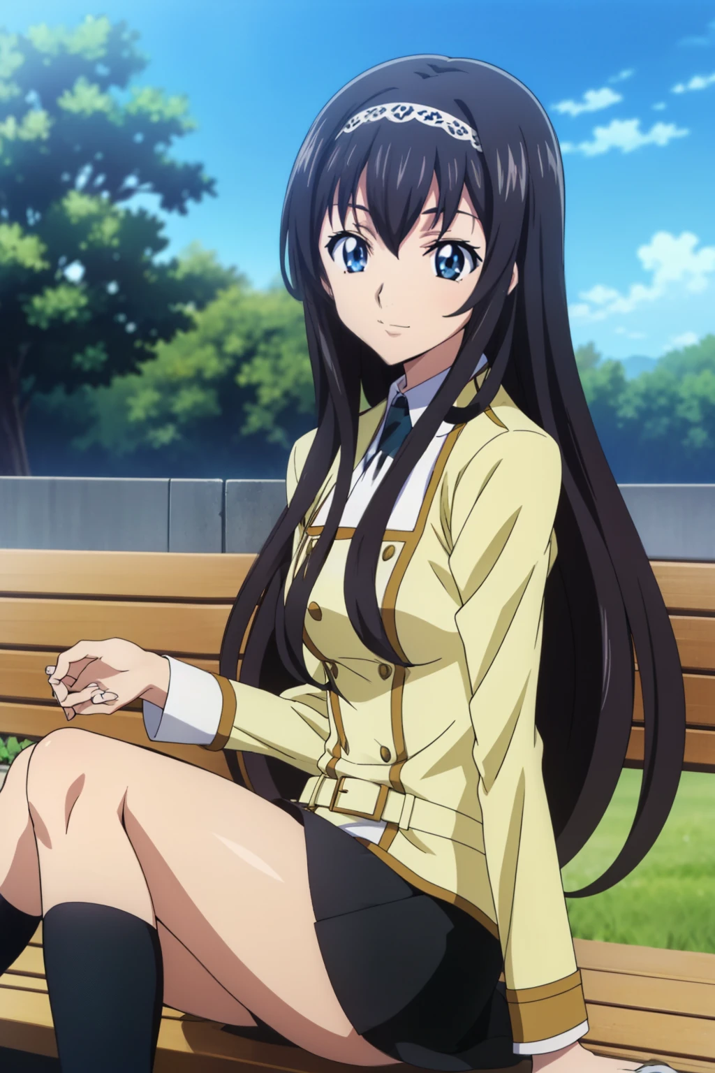 from side, 1 girl, cute, black hair, long hair, ((髪band)), (smile), (Sitting on a bench), (School Uniform, black skirt, socks), (In the school garden), (anime cels style, Masterpiece, best quality, high resolution, anime colored, megami magazine:1.2, anime poster style, anime keyvisual, sharp, 8k, photorealistic), beautiful eyes