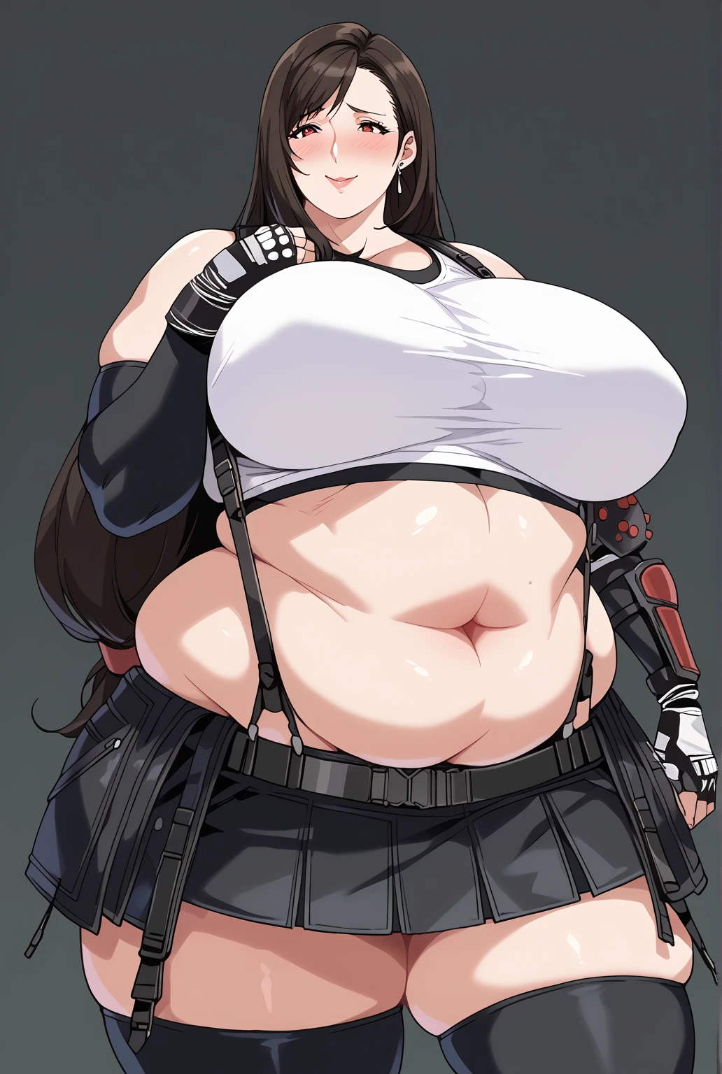   score_9,   score_8_up,   score_7_up,   score_6_up,   score_5_up,   score_4_up,     Masterpiece  ,   top quality,   very aesthetic,   absurd, Tifa lockhart, red eyes,   low hair long,  black hair,  earrings,  sports bra,  black suspenders,  Pleated Mini Skirts , black thighhighs, Arm guard, Elbow gloves,   fingerless gloves ,    source_Anime, Anime screencap,    one woman , Alone,  personal  ,   long hair, Super huge breasts, ((( super huge clevis, Super huge , Super huge boob))), Curvy,   wide hips ,   embarrassed expression, Fat body,   chubby,  obese body type ,blush, Shy woman,  stomach flesh sticking out of clothes,　 sloppy stomach, Mature Woman, milf, 40 years old