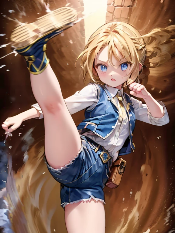   Masterpiece ,  top quality,  very detailed, 16k,  super high resolution,  cowboy shot,  single girl,  detailed face , Perfect means,  blue eyes,  blonde alone,  braided ,  Vest with Lots of Pockets ,  Shorts , high kick, spread legs, leg up, fighting stance, (speed line:1.2), standing on one leg