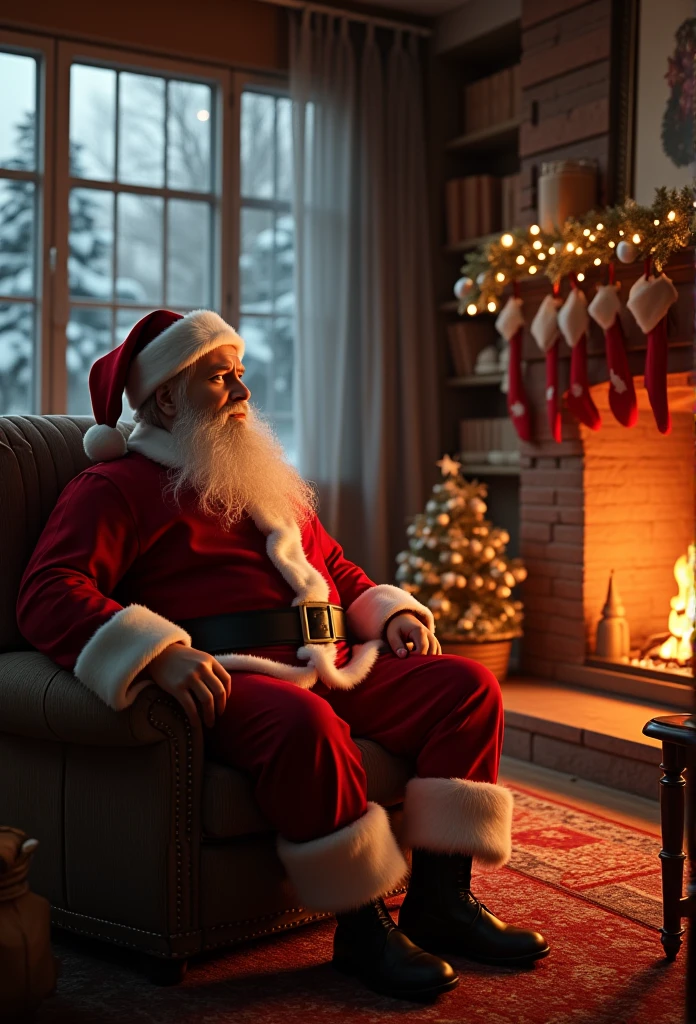 Santa Claus sits next to the fireplace in the evening by the window, there are many ren nearby