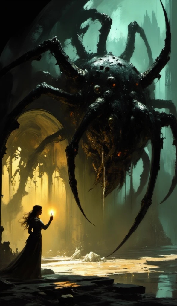 She guides the torch toward the corner, revealing a web-laden alcove. Suddenly, her eyes widen as she witnesses a massive black spider, the size of a car, perched ominously, its glossy body glinting in the torchlight, with legs sprawling grotesquely across the ground.