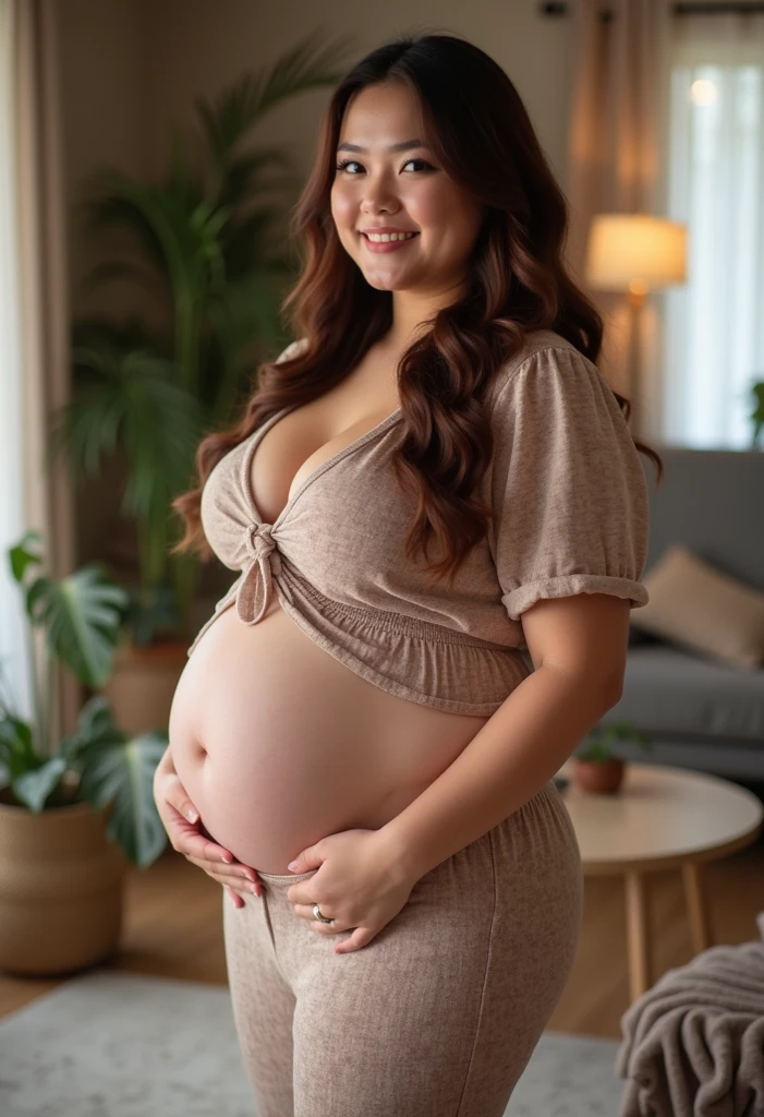 An attractive fat young woman, with wavy brown hair, large belly and , in pretty elegant clothes standing inside a living room, in full view in a detailed photographic style