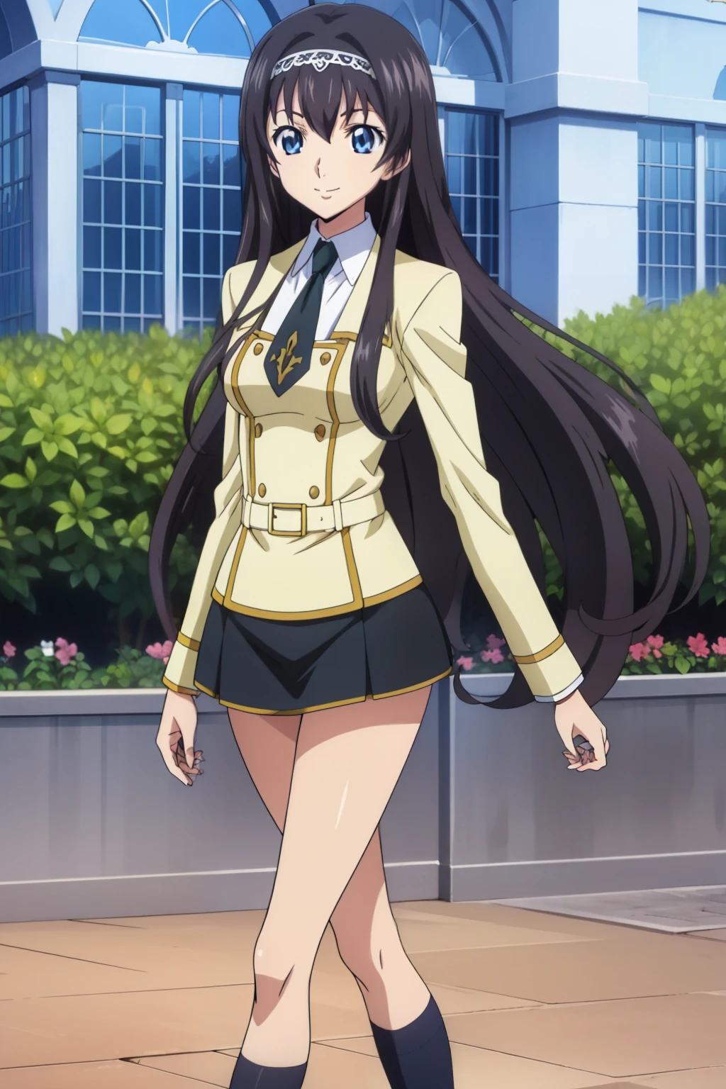 from side, 1 girl, cute, black hair, long hair, ((髪band)), (smile), (walking), (School Uniform, black skirt, socks), (In the school garden), (anime cels style, Masterpiece, best quality, high resolution, anime colored, megami magazine:1.2, anime poster style, anime keyvisual, sharp, 8k, photorealistic), beautiful eyes