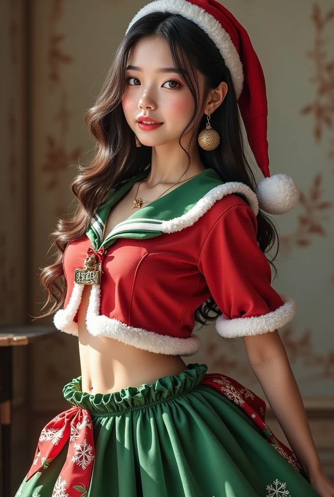 beautiful elegant detailed young woman in christmas costume, alone, adult female, santa lady with christmas tree like outfit, exquisite red and green color scheme, smiling at you, perfect body, unconventional christmas attire, novel, quirky, cool, schoolgirl, cute outfit, (best quality,8k,hyperdetailed,masterpiece:1.2),ultra-detailed,photorealistic,hyper-realistic,vivid colors,studio lighting,professional,cinematic lighting,intricate details,fantasy,christmas,holiday,festive