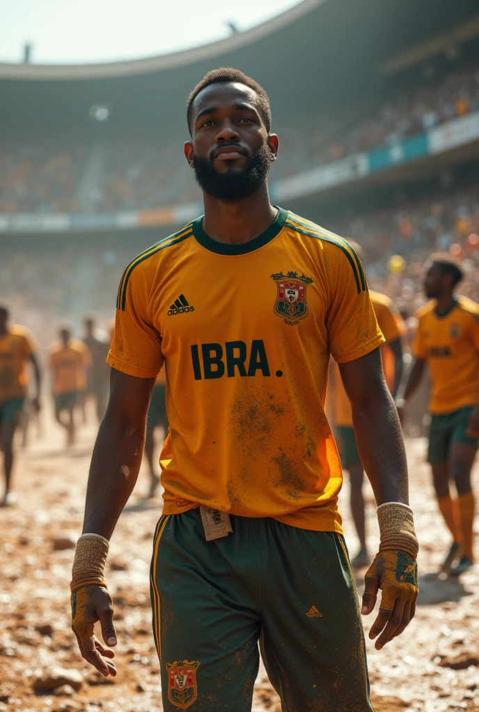A bald black man, around 30 years old with well-defined muscles, holding an iron bar in his right hand. He is wearing a Brazil shirt and holding a championship trophy in his left hand. In the background, there is a festive and celebratory atmosphere, anime style , ultra HD
