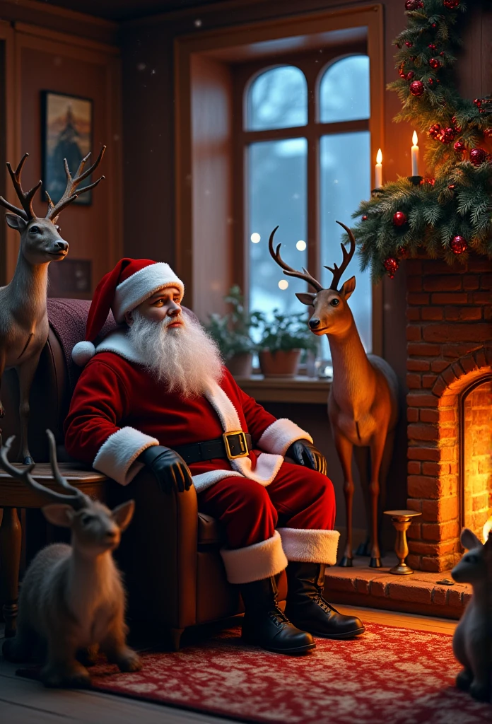 lilamaddyson Santa Claus sits next to the fireplace in the evening by the window, there are many ren nearby, watch to the camera