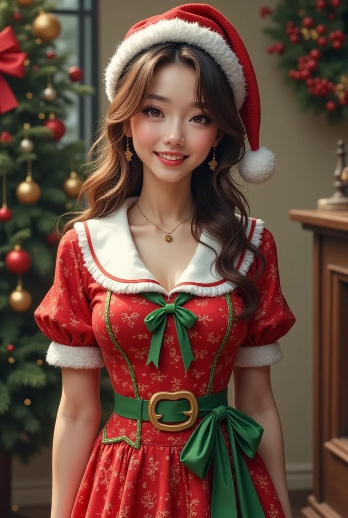 beautiful elegant detailed young woman in christmas costume, alone, adult female, santa lady with christmas tree like outfit, exquisite red and green color scheme, smiling at you, perfect body, unconventional christmas attire, novel, quirky, cool, schoolgirl, cute outfit, (best quality,8k,hyperdetailed,masterpiece:1.2),ultra-detailed,photorealistic,hyper-realistic,vivid colors,studio lighting,professional,cinematic lighting,intricate details,fantasy,christmas,holiday,festive