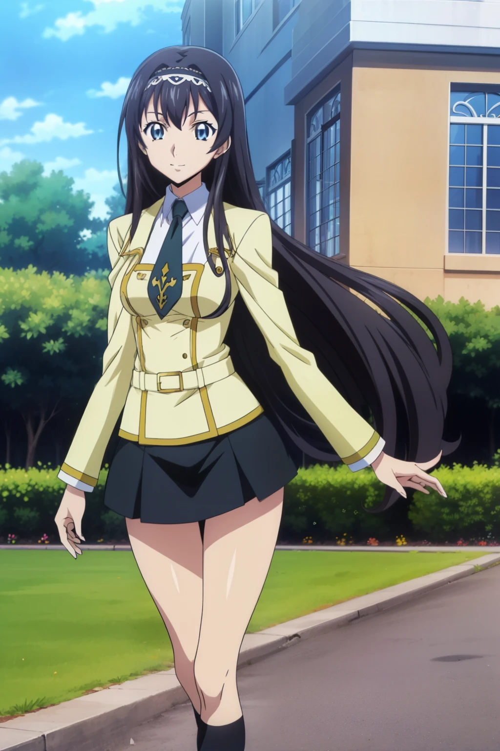 from side, 1 girl, cute, black hair, long hair, ((髪band)), (smile), (walking), (School Uniform, black skirt, socks), (In the school garden), (anime cels style, Masterpiece, best quality, high resolution, anime colored, megami magazine:1.2, anime poster style, anime keyvisual, sharp, 8k, photorealistic), beautiful eyes, (perfect anatomy, perfect finger, perfect leg)