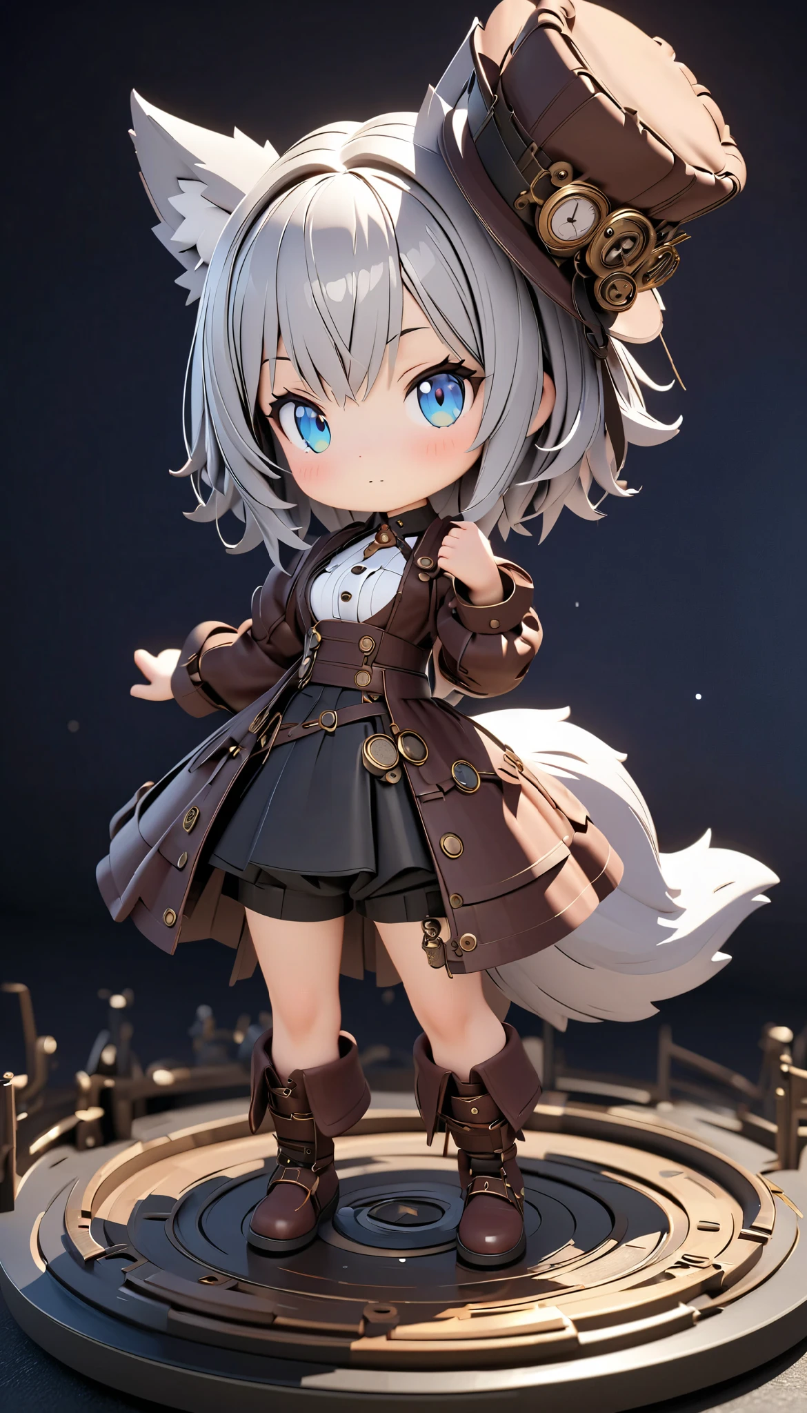 (masterpiece:1.2), ( top quality:1.2),  super high resolution,  very detailed, Wolf Girl, Gray Hair,  steampunk clothes,  Silk Hat , flaffy tail, Clockwork Bird , cute,   white background , 3d style, 3D Figures, whole body,  3d rendering,  oc rendering , 8k, from front, stand up