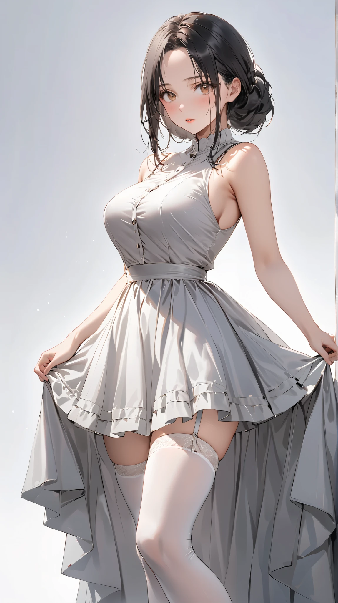 full body display, semi realistic, Masterpiece, Master work, perfect , 4k, 1woman, mature body, slim body, medium size breast, straight half body long hair, middle parted hair style, large forehead, black colored hair, pointed eyes, golden eyes, NO expression face, parted lips, calm expression face, wearing formal gray dress, short pencil skirt, wearing garter belt, white stocking, sleeveless, standing pose, white background, high res, ultrasharp, 8K, masterpiece, looking at the viewer (masterpiece), best quality, expressive eyes, perfect face