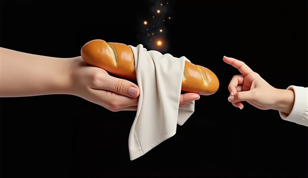 Inspired by the films in the posters and characters of Disney fix in 3D in high resolution and high quality create a close-up image of a hand of a light brown girl of , 12YO, , 12 Y, 12Y, AGE: 12, extending her hand with bread wrapped in a white cloth on the other side a hand A small baby reaches out and touches the bread with his finger, AND A LIGHT EMANATES FROM THAT BREAD AS IF SOMETHING MAGICAL IS ABOUT TO HAPPEN, all black background