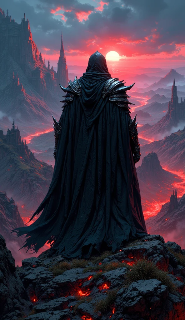 The best quality, the Witch King of Angmar, standing on a hill watching the bleeding horizon of Mordor, the land of radioactive shadows, mysterious, unreal and whimsical atmosphere of terror, high contrast dynamic colors, great epic work.