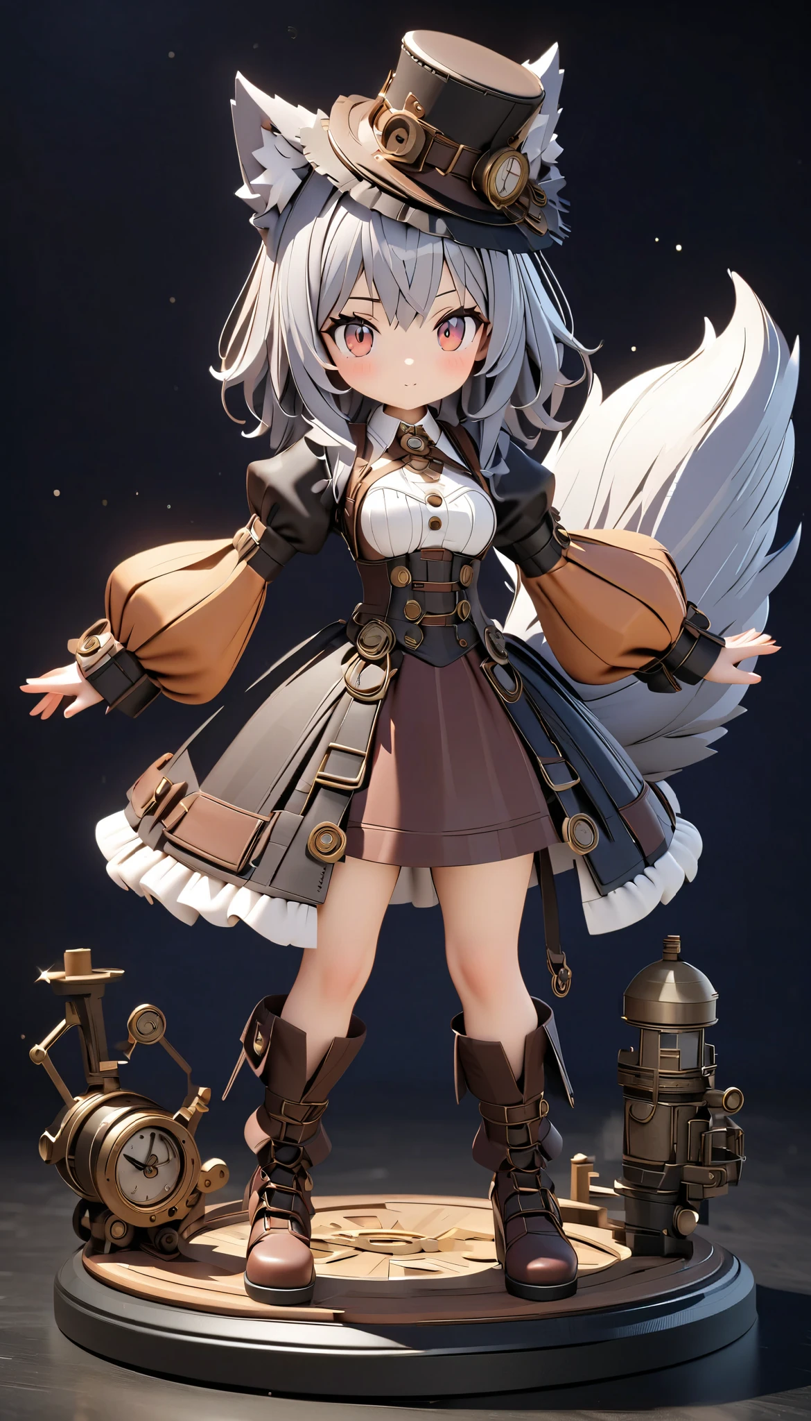 (masterpiece:1.2), ( top quality:1.2),  super high resolution,  very detailed, Wolf Girl, Gray Hair,  Steampunk Outfit,  Silk Hat , flaffy tail, Clockwork Bird , cute,  white background , 3d style, 3D Figures, whole body,  3d rendering,  oc rendering , 8k, from front, stand up