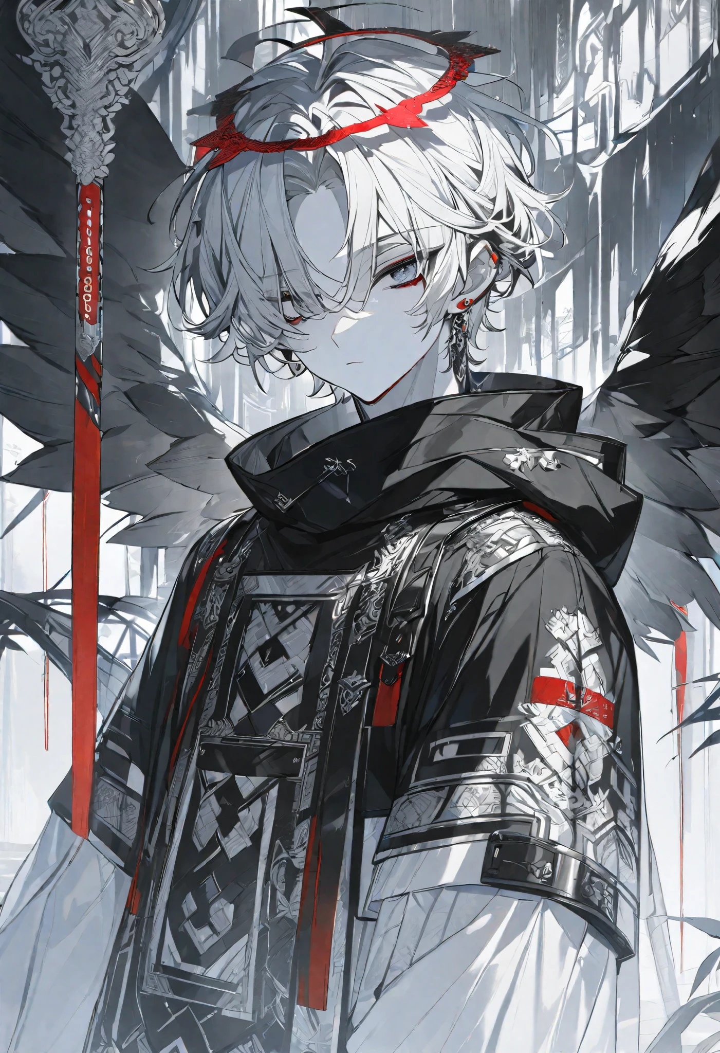 Alone, handsome, 1 male, short hair, Black and white hair, Pale eyes, white shirt, White Thailand, black hood, Black Wings, red halo, Red stove