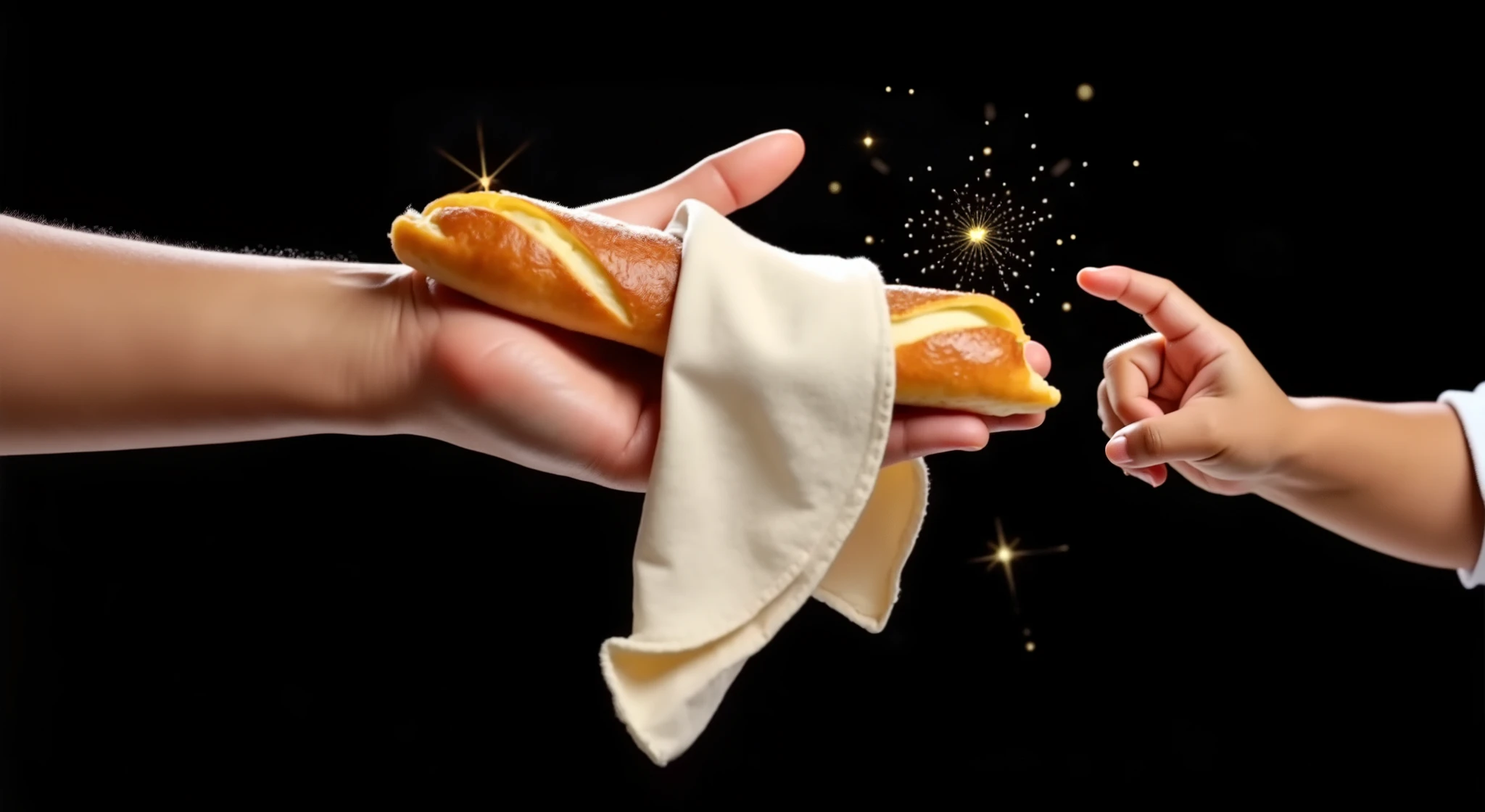 Inspired by the films in the posters and characters of Disney fix in 3D in high resolution and high quality create a close-up image of a hand of a light brown girl of , 12YO, , 12 Y, 12Y, AGE: 12, extending her hand with bread wrapped in a white cloth on the other side a hand A small baby reaches out and touches the bread with his finger, AND A LIGHT EMANATES FROM THAT BREAD AS IF SOMETHING MAGICAL IS ABOUT TO HAPPEN, all black background