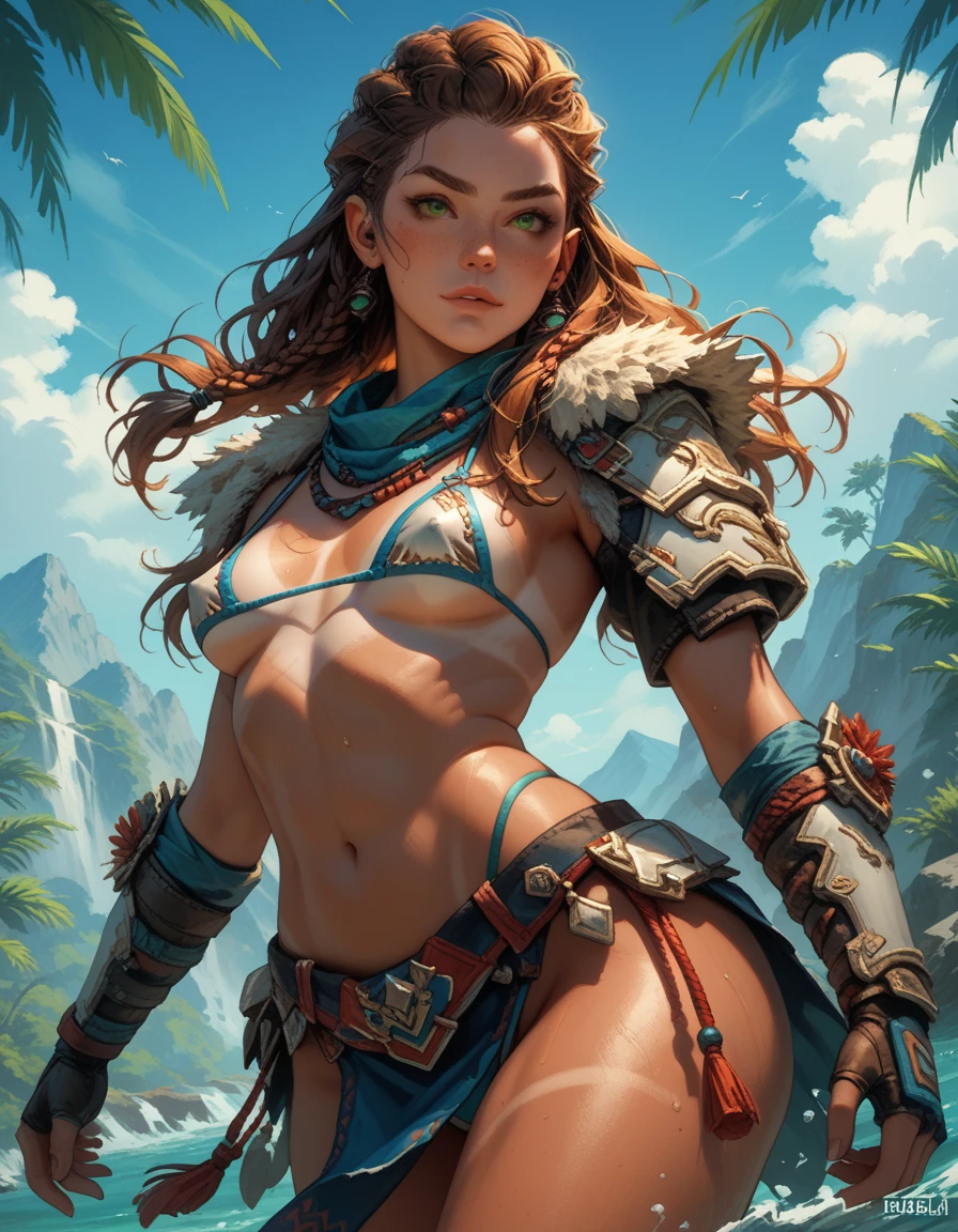 1girl, (Aloy), (Horizon Forbidden West Aloy);; slim and toned, reddish brown hair, braids and hair ornaments, big green eyes, (freckles), (small breasts), erect nipples, midriff, (thighs showing) (tan lines outside of bikini edge);; (wearing string only micro bikini), (bikini armor:1.27);; contrapposto stance, ((fighting poses)) (wide angle:1.28);; outdoor mountain landscape background, vibrant color palette;; d3t41l3d, HFWAloy 