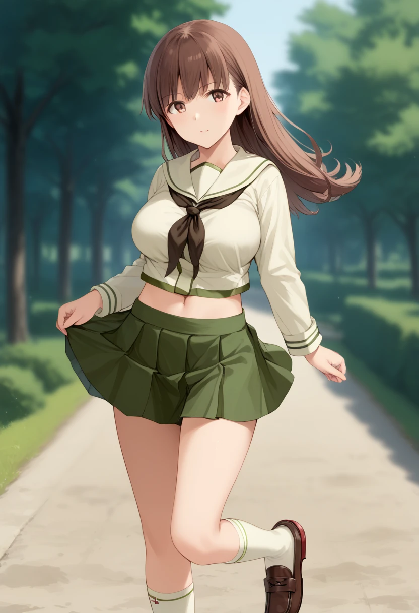 score_9,score_8_up,score_7_up,score_anime,Idealized Forms,Natural Light,cowboy shot,details background,blurry background,extremely detailed,(aga),ooi(kancolle),long hair,brown hair,brown eyes,bangs,large breasts,serafuku,school uniform,neckerchief,whiteneckerchief,long sleeves,socks,shoes,midriff,skirt,