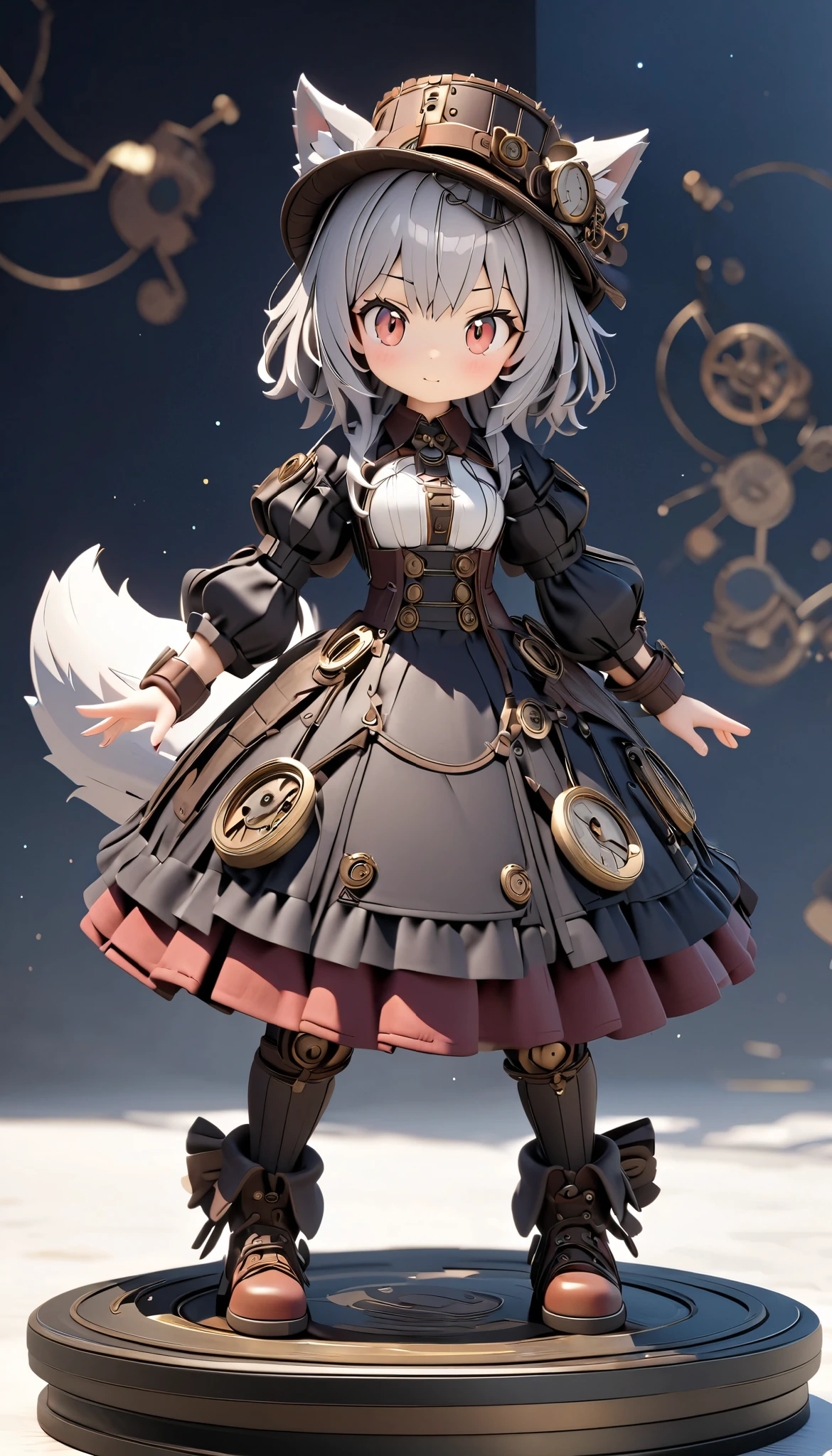 (masterpiece:1.2), ( top quality:1.2),  super high resolution,  very detailed, Wolf Girl, Gray Hair,  steampunk clothes,  Silk Hat , flaffy tail, Clockwork Bird , cute,  white background , 3d style, 3D Figures, whole body,  3d rendering,  oc rendering , 8k, from front, stand up