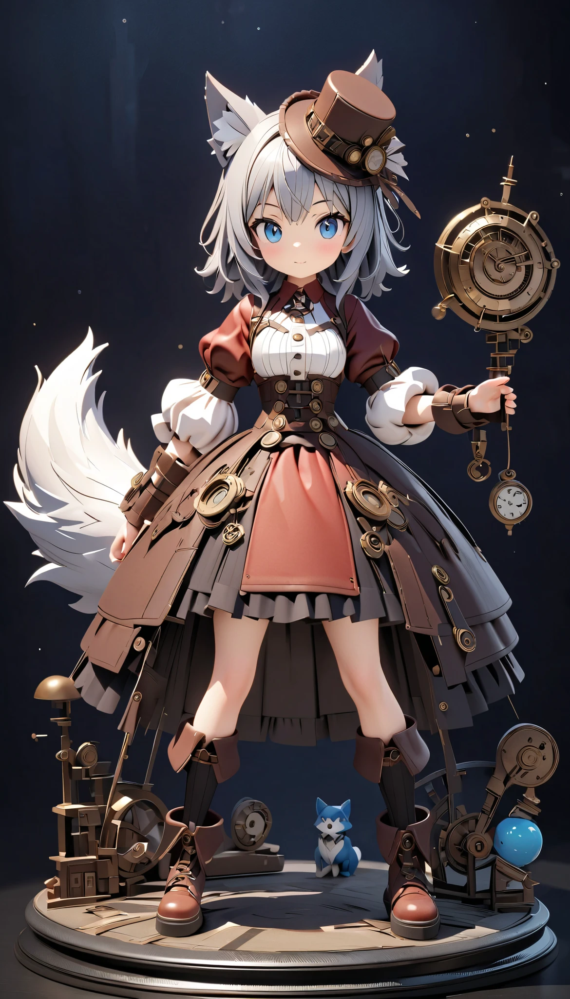 (masterpiece:1.2), ( top quality:1.2),  super high resolution,  very detailed, Wolf Girl, Gray Hair,  Steampunk Outfit,  Silk Hat , flaffy tail, Clockwork Bird , cute,  white background , 3d style, 3D Figures, whole body,  3d rendering,  oc rendering , 8k, from front, stand up