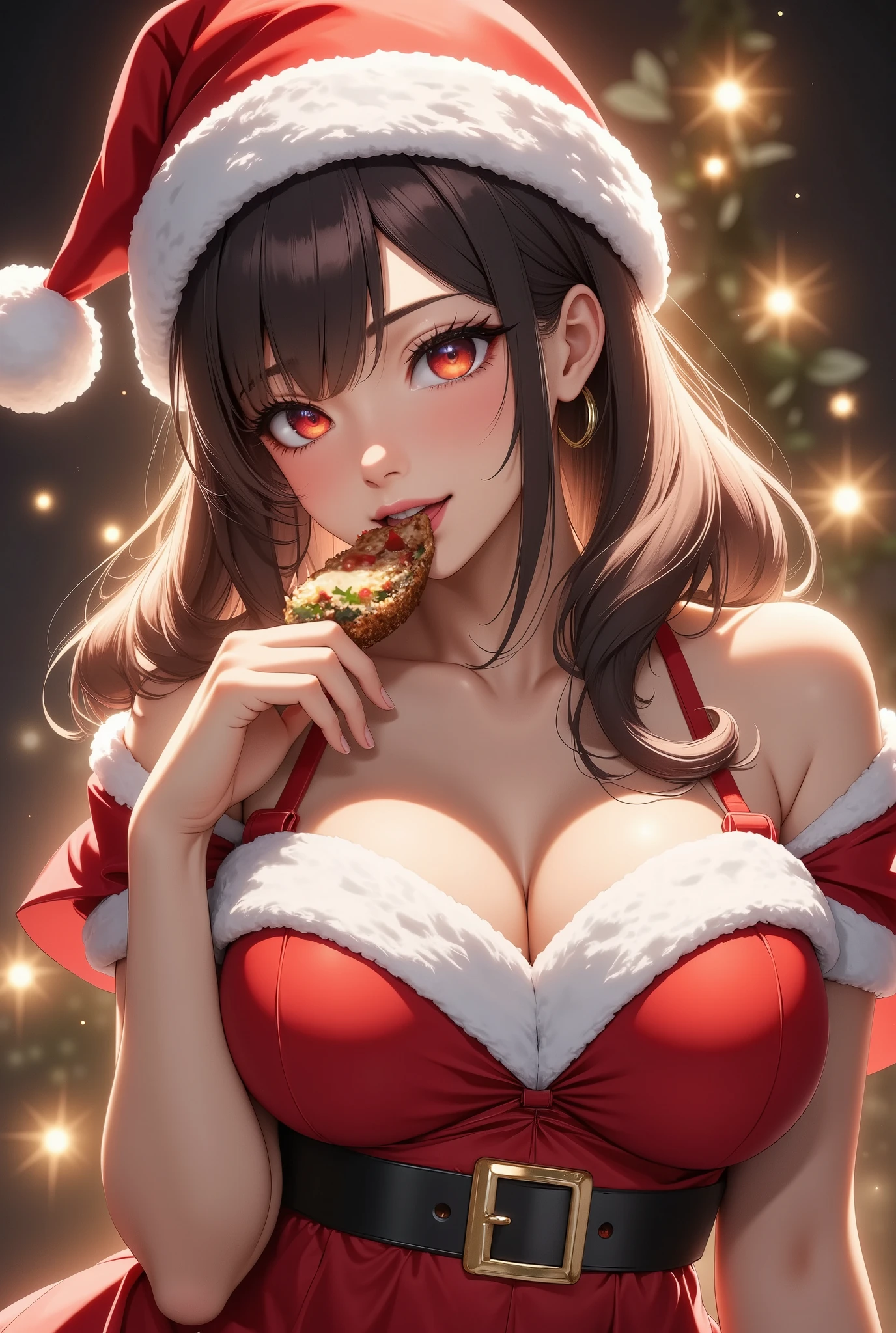 A sexy female Santa Claus, detailed portrait of a woman with beautiful eyes, full lips and delicate facial features, wearing a red Santa Claus costume, holding a Christmas cake and taking a bite, Christmas background, highly detailed, photorealistic, 8k, HDR, studio lighting, vivid colors, warm lighting