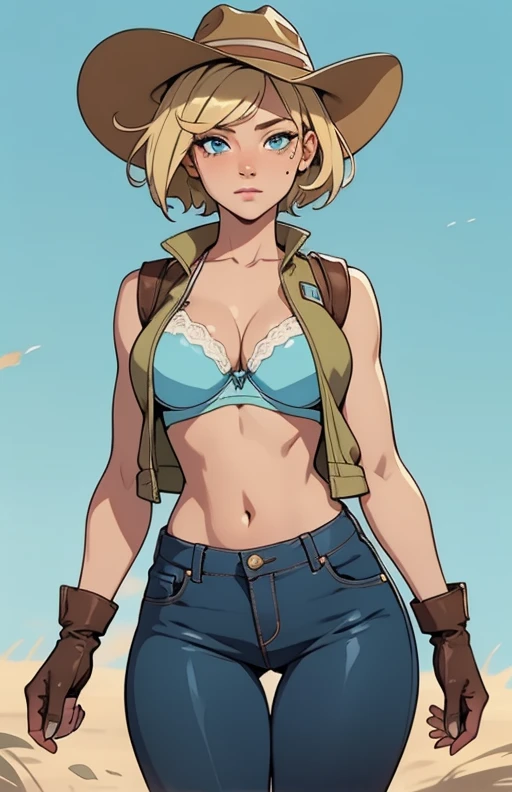 vibrant color, saturated color, colorful, 1girl, cowboy hat, beautiful face, white bra, green vest, no sleeve, navel, blue jeans, brown boots, fingerless gloves, short hair, blonde hair, parted bangs, blue eyes, mole under right eye, American old west, best quality, masterpiece, sensual but confident pose, thigh gap, wild west, sunny background, town background