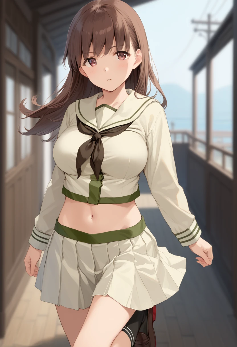 score_9,score_8_up,score_7_up,score_anime,Idealized Forms,Natural Light,cowboy shot,details background,blurry background,extremely detailed,(aga),ooi(kancolle),long hair,brown hair,brown eyes,bangs,large breasts,serafuku,school uniform,neckerchief,white neckerchief,long sleeves,socks,shoes,midriff,white skirt,