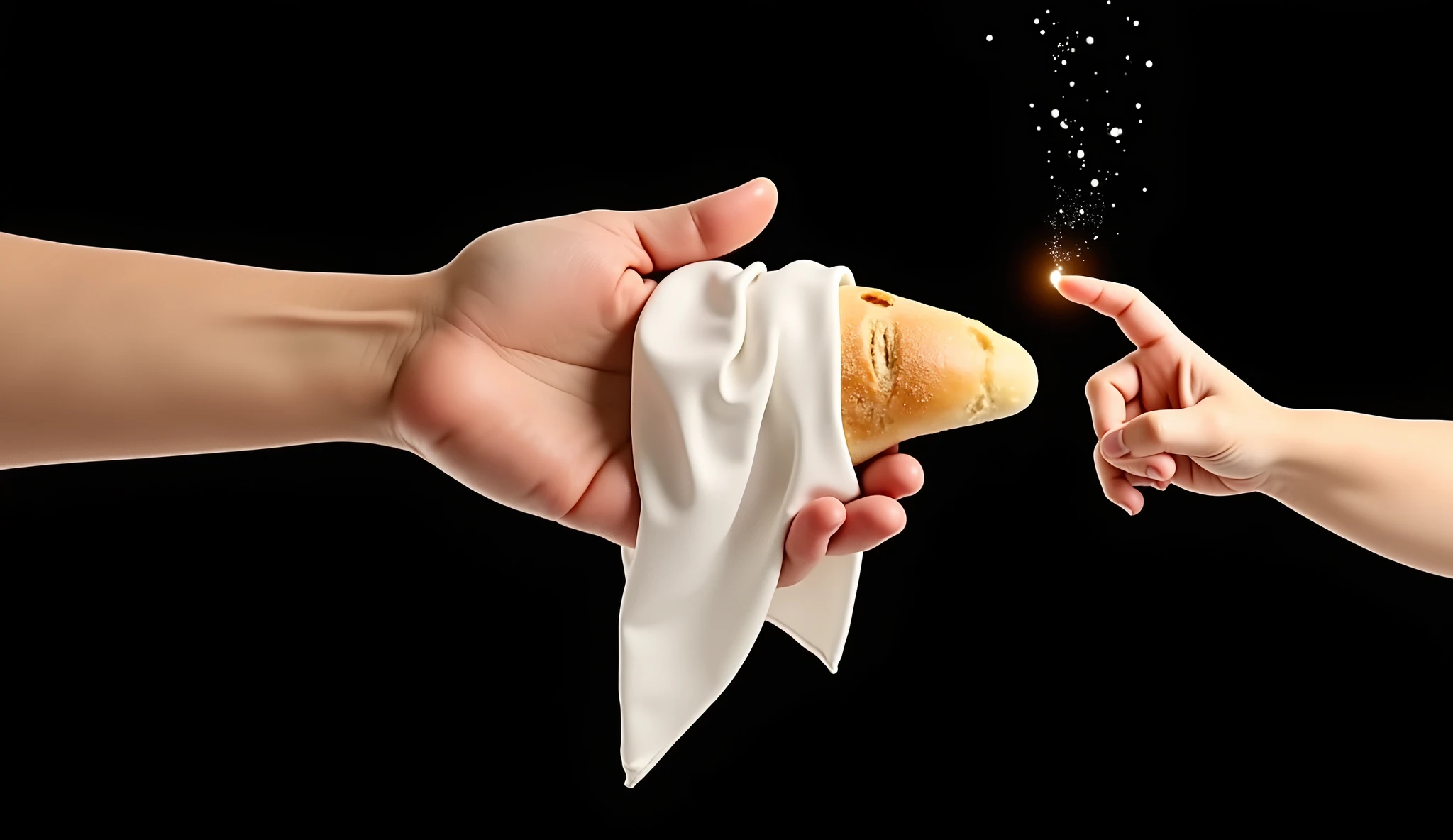 Inspired by the films in the posters and characters of Disney fix in 3D in high resolution and high quality create a close-up image of a hand of a light brown girl of , 12YO, , 12 Y, 12Y, AGE: 12, extending her hand with bread wrapped in a white cloth on the other side a hand A small baby reaches out and touches the bread with his finger, AND A LIGHT EMANATES FROM THAT BREAD AS IF SOMETHING MAGICAL IS ABOUT TO HAPPEN, all black background