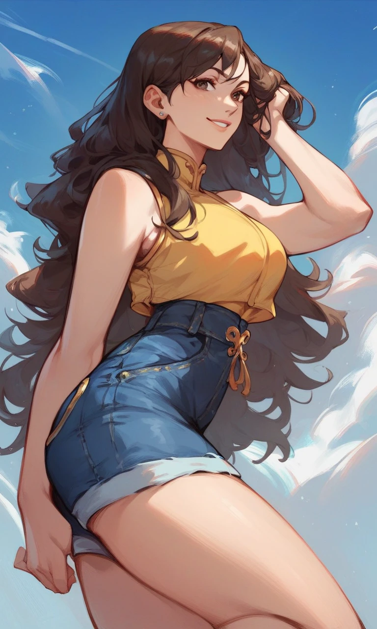 score_9, score_8_up, score_7_up, score_6_up, source_cartoon, BREAK masterpiece, CHUNLIBO, brown hair, brown eyes, long hair, sky, flowing hair, yellow crop top, sleeveless, shorts, denim shorts, bare legs, adjusting hair, looking at viewer, smile