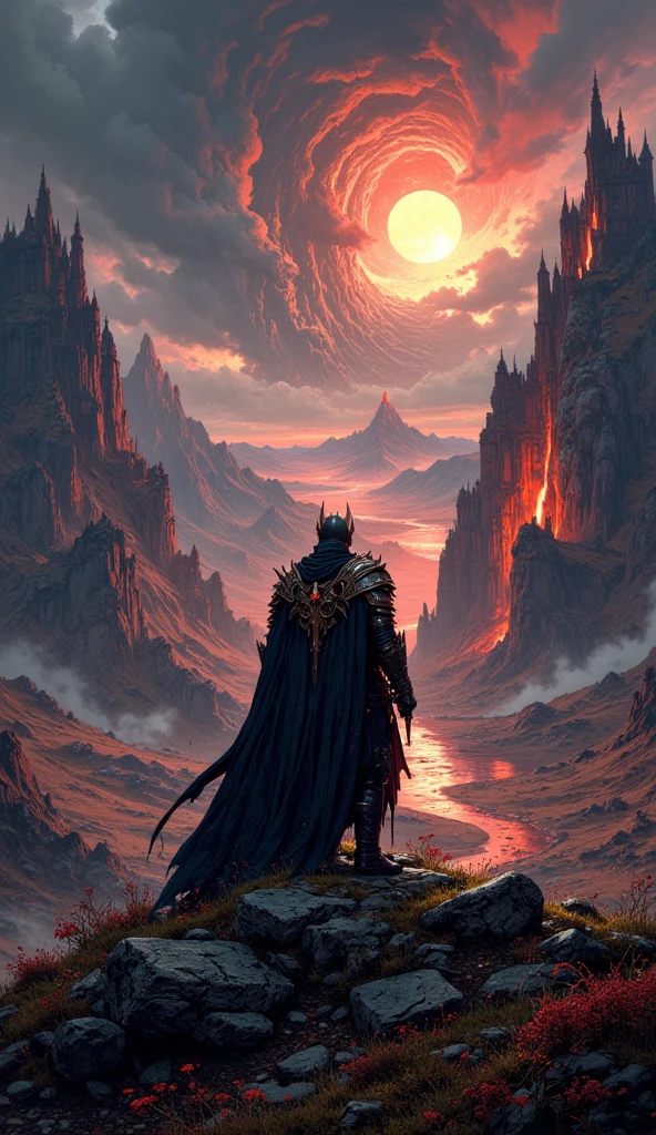 ((master Piece)),The best quality, the Witch-king of Angmar, standing on a hill overlooking the bleeding horizon of Mordor, the land of radioactive shadows, mysterious, unreal atmosphere of the Lord of the Rings, fantastic scene, whimsical horror, high-contrast dynamic colors, great wonderful epic work