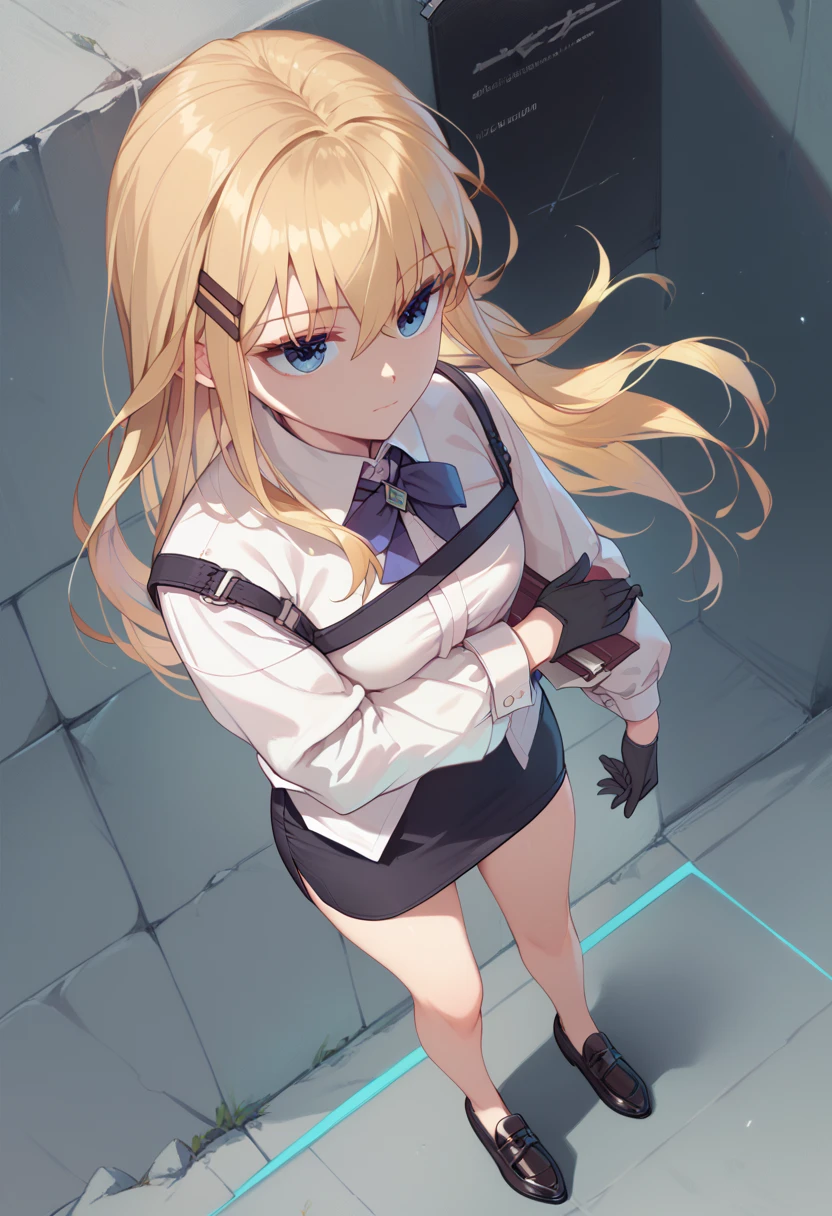 bangs, black gloves, blue eyes, lucy-default, blonde hair ,long hair,hairclip, dress shirt, black miniskirt, pencil skirt, thighs, long sleeves, view from above, standing posture, black loafers