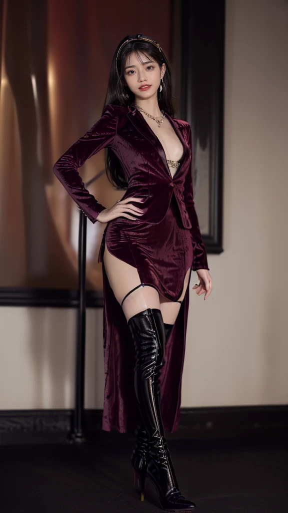 (((masterpiece+best quality+high resolution+ultra-detailed))), nico_robin, long silky black hair, high nose, sharp eyes, noble and inviolable temperament, (([female]: 1.2 + [beauty]: 1.2 + long hair: 1.2)), she wore a revealing cowgirl outfit consisting of a purple cleavage-exposing corset and matching miniskirt, both with white ornaments hanging from them, and a white fur-lined coat paired with a white cowboy hat and white high-heeled boots, full body shot, bright eyes, dynamic angle and posture.