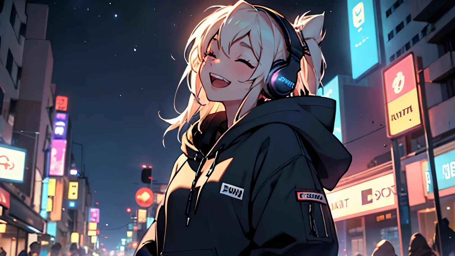 woman、 facing forward 、 is amazing、 open your mouth and laugh 、 The background is a night cityscape 、 wearing a hoodie、 quiet atmosphere 、 In the middle of the night、The sky is dark、 Clear lines 、Hair tied back、 super high resolution 、 Headphones on clothes 、 I'm putting my hands on my headphones、 eye closed , Looking up at the sky