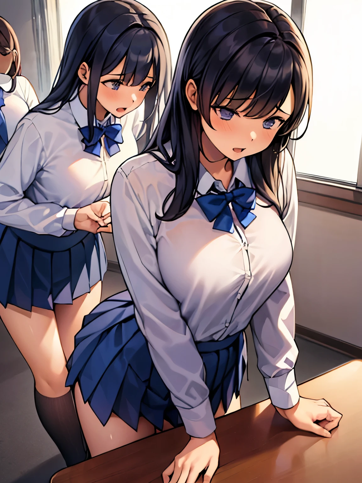     masterpiece  ,    High Quality   ,    3 girls stepping in groups ,   high school uniform 、 how it off、Standing、Attach your crotch to the corner of the desk、classroom、  good、Wet body