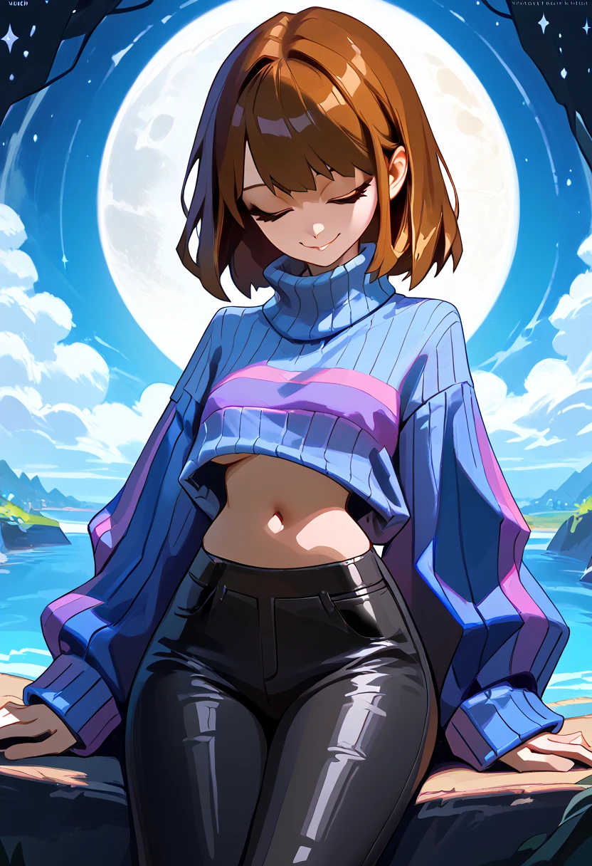 1 boy, male focus, alone, frisk_(undertale), abdomen, navel, groin, narrow waist, big smile, masterpiece, best quality, amazing quality, very aesthetic, oversized sweater, striped sweater, undetale, sweater, black tight pants, brown hair, closed eyes