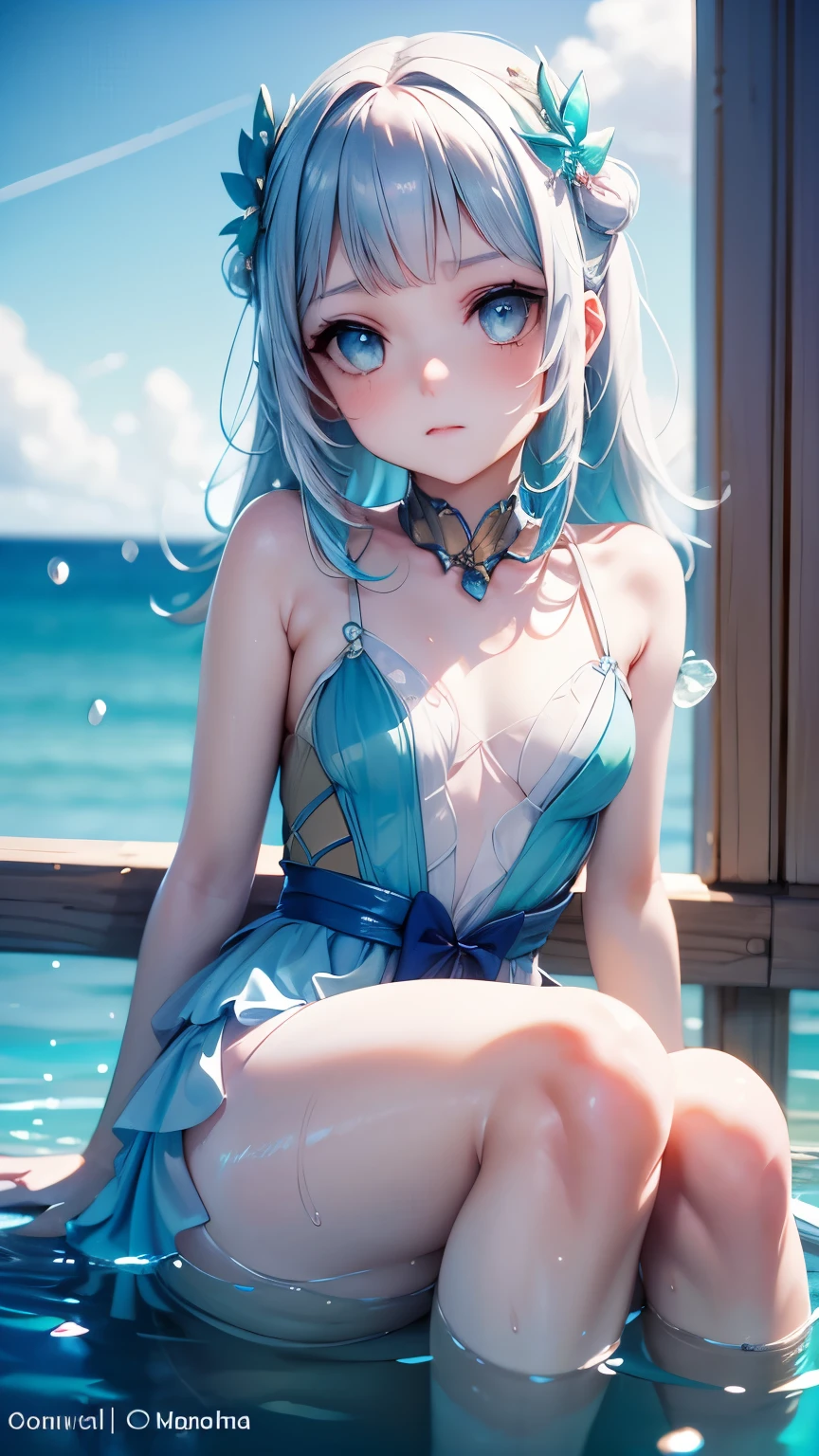 art by Cornflower, Dreamy, (A petite girl with beautiful eyes. The photo's depth of field was perfect ,  lens flare sitting in a warm room adds a nice touch. Her facial features really stood out., The score for this photo was definitely above 10 . Background,  The girl of 、 there was a beautiful ocean with crystal clear water and drops of water on the surface .   It was a great photo that really captured the beauty of the girl and water .)