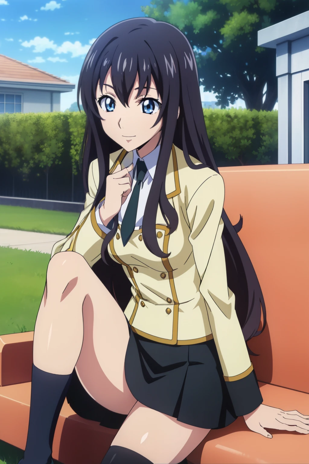 from side, 1 girl, cute, black hair, long hair, ((髪band)), (smile), (School Uniform, black skirt, knee socks), (sitting on the school garden), (anime cels style, Masterpiece, best quality, high resolution, anime colored, megami magazine:1.2, anime poster style, anime keyvisual, sharp, 8k, photorealistic), beautiful blue eyes, (perfect anatomy, perfect finger, perfect leg)