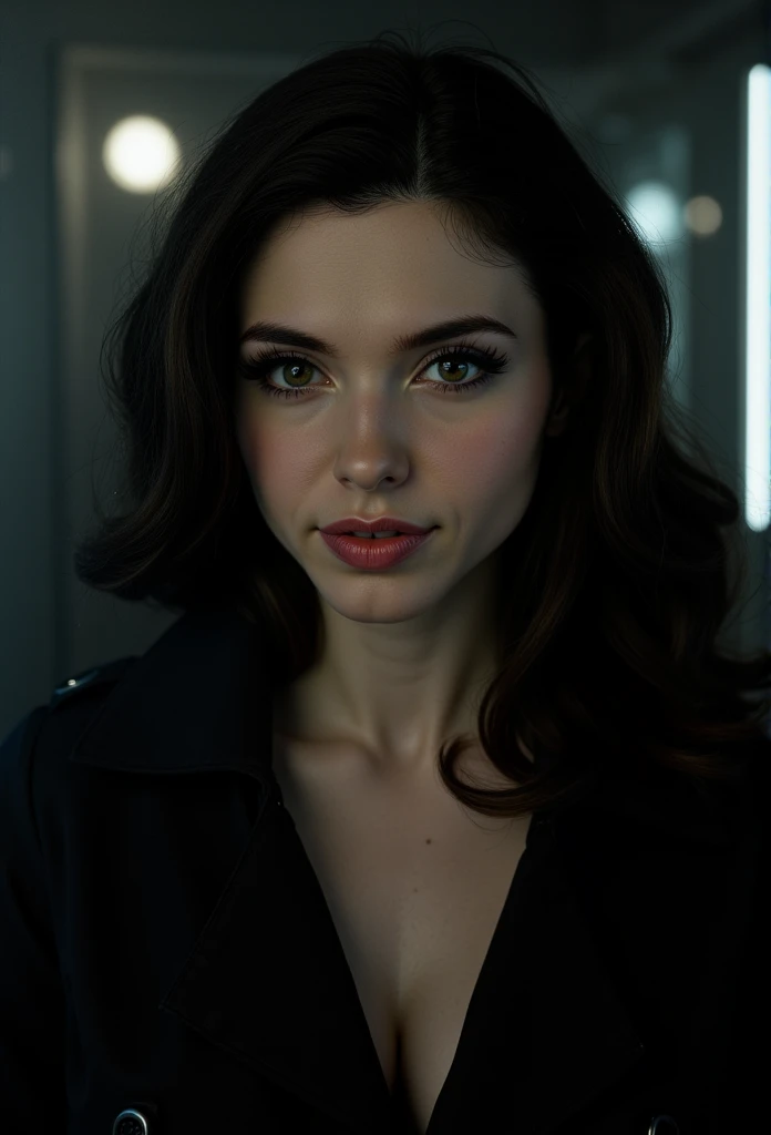 a lifelike detailed photorealistic portrait of a woman in a film noir style, wearing a dark trenchcoat, drinking coffee, beautiful detailed eyes, beautiful detailed lips, extremely detailed face, longeyelashes, moody dramatic lighting, muted color palette, dramatic chiaroscuro, cinematic composition, (best quality,8k,highres,masterpiece:1.2),ultra-detailed,(realistic,photorealistic,photo-realistic:1.37),dark moody lighting,dramatic shadows,high contrast,monochromatic, amouranth