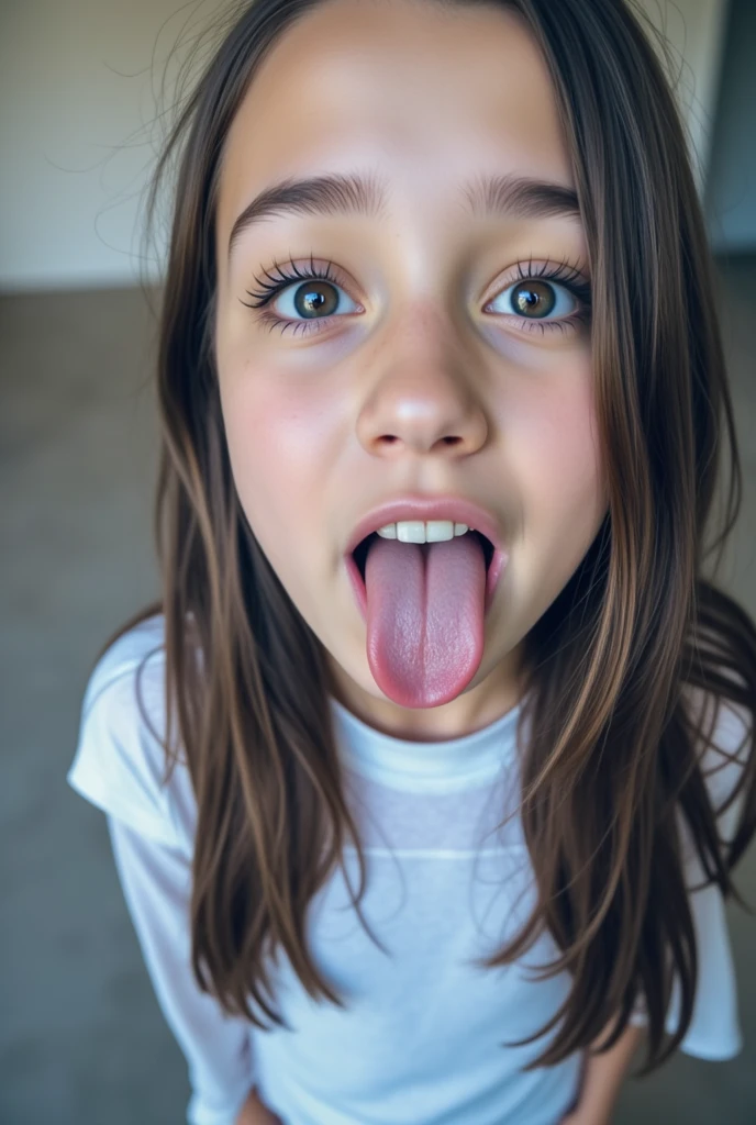 8K (HDR-10) Canon EOS 5D Mark IV 50mm f/1.4, High-end professional photo shoot. Beautiful 10yo with her tongue out, showing a white substance in his mouth, looking at the camera, tongue_out, Looking_at_viewer, open_mouth, How_in_mouth, Long_hair, How, How_on_tongue