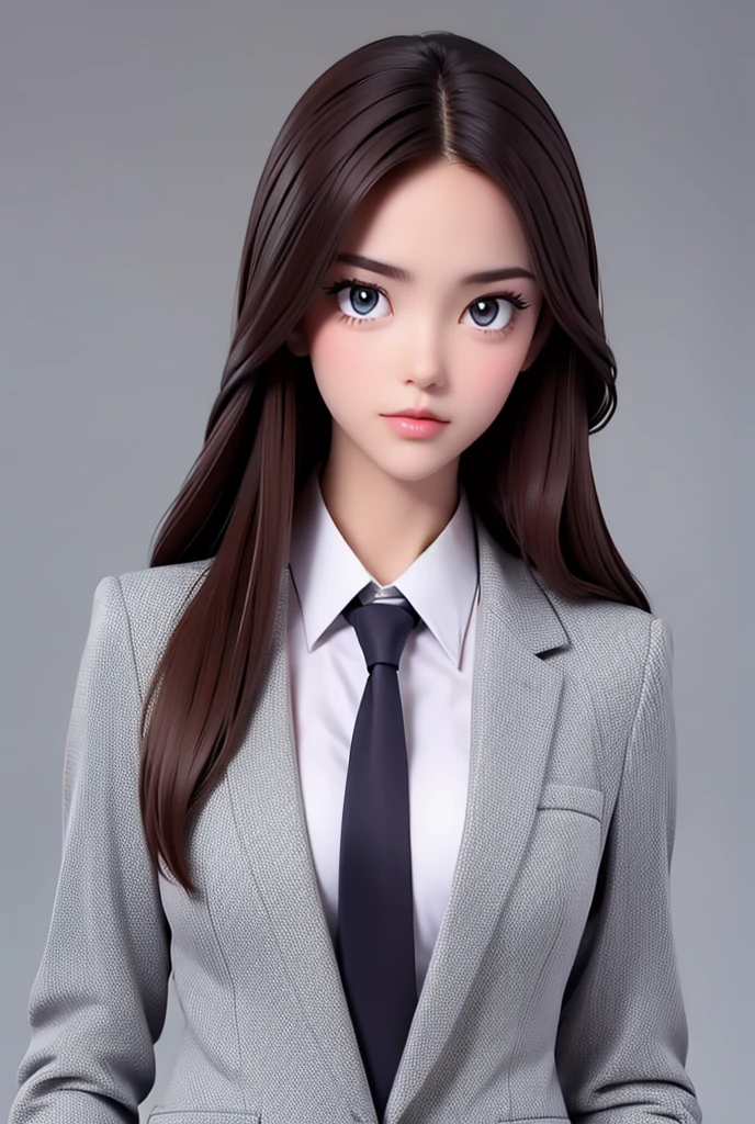 1girl, solo, realistic, necktie, brown hair, shirt, suit, looking at viewer, formal, grey background, simple background, long hair, white shirt, collared shirt, lips, black necktie, grey eyes