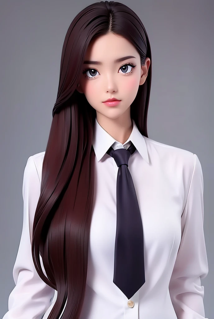 1girl, solo, realistic, necktie, brown hair, shirt, suit, looking at viewer, formal, grey background, simple background, long hair, white shirt, collared shirt, lips, black necktie, grey eyes