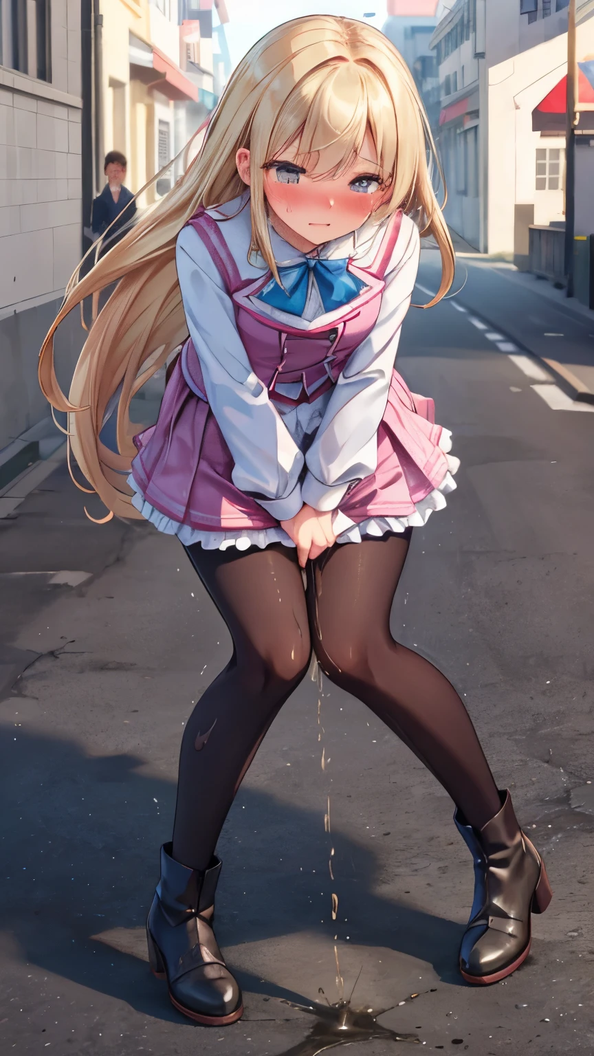 ( 4 diferent girls having sex),4 Girls with pink hair, long twintail hairstyle, ((small bushy eyebrows)), wearing gothic ta clothing, loli, walking to school, flirty smile,, walking to school, bored look, bored face,, (sitting with legs open lifting her skirt to show her vagina wet with semen),