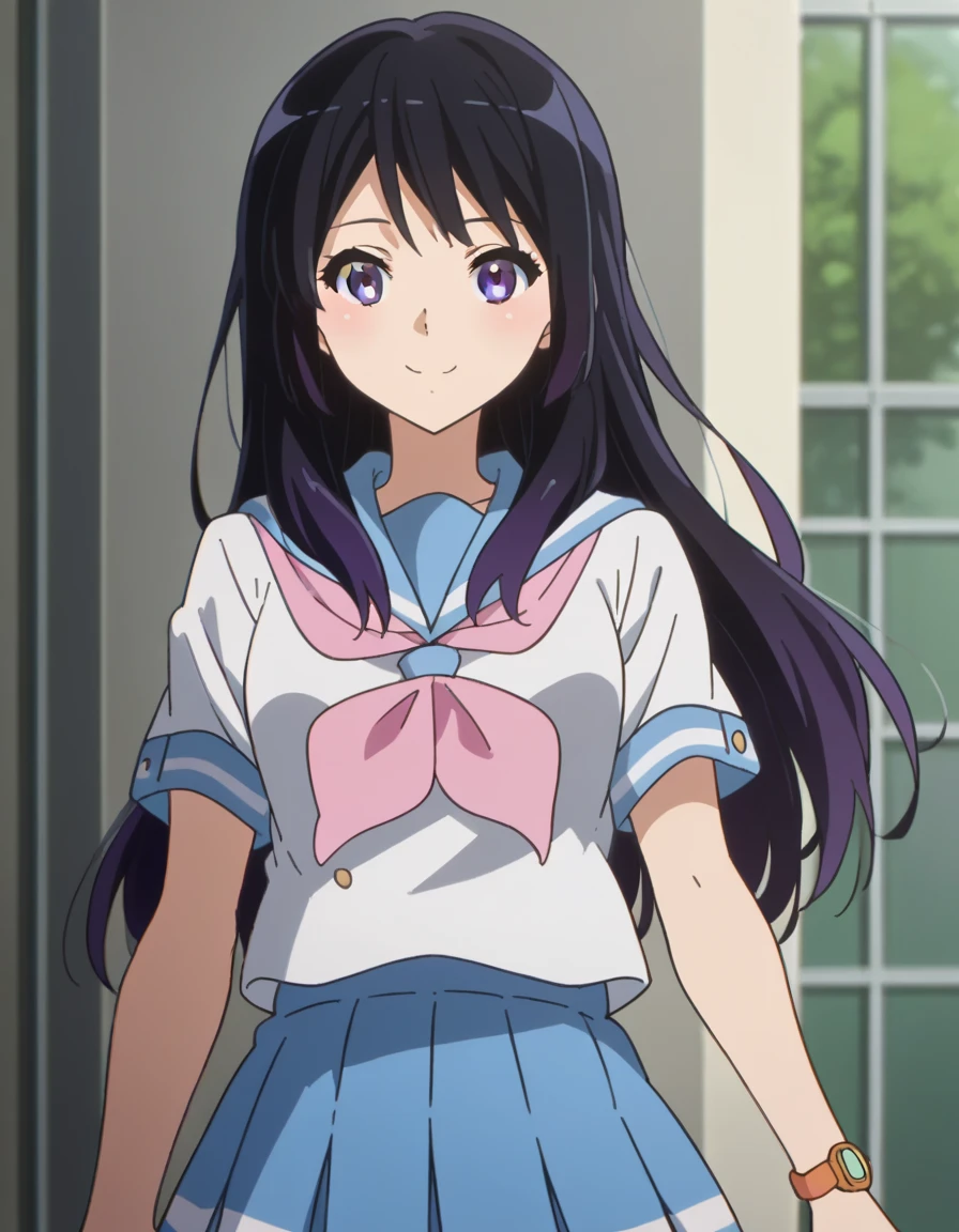 score_9, score_8_up, score_7_up,  source_Anime,
Reina Kousaka , Reina Kousaka,  long hair, bangs,  black hair,  purple eyes,
 skirt,  shirt,  school uniform, white  shirt, Short sleeve, pleated  skirt, Sera Clothing,  sailor color, blue  skirt,  neckerchief , blue  sailor color,  school bags , pink  neckerchief , kitauji high  school uniform,
Watch viewers happy , smile