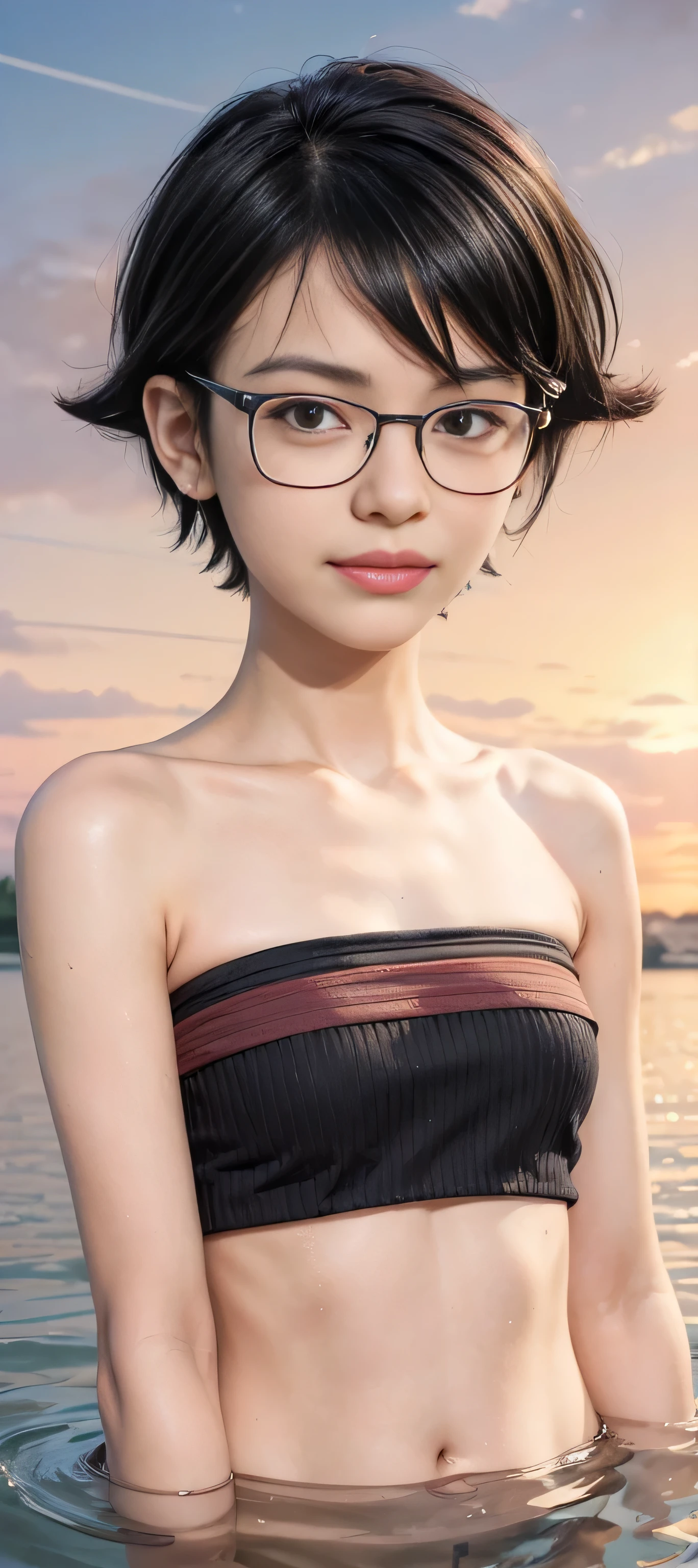 masterpiece, best quality, (realistic,photo-realistic:1.4), (RAW photo:1.2), extremely detailed CG unity 8k wallpaper, delicate and beautiful, amazing,finely detail, official art, absurdres, incredibly absurdres, huge filesize, ultra-detailed,extremely detailed eyes and face,light on face,sarada,(smirk:1.4),(black hair:1.4),(very short hair:1.4),nature,sarada uchiha,(wearing black framed glasses:1.5),(wearing striped tube top:1.5),lake,(partially submerged:1.3),jungle,lake,sunset