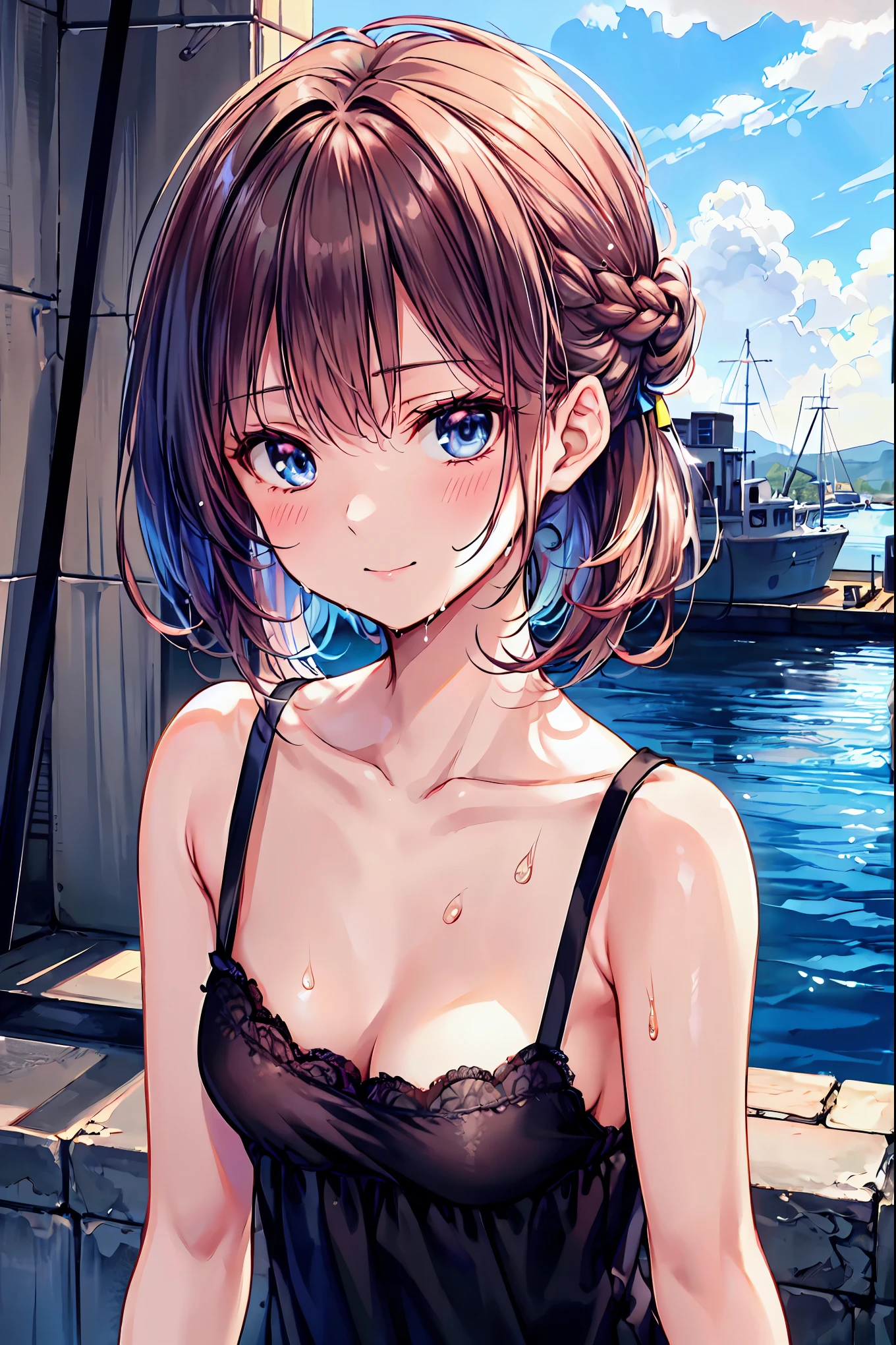 Japanese woman with fair skin and messy short hair outdoors,bikini, Super cute, soft face, brown hair, 8K resolution, Surrealism, super clear,((Highest definition, 8k, masterpiece: 1.3)), super clear Face, super clear Lips, beautiful eyes, Double eyelids in soft color, vector style, Y2K hoodie,Speechless, Only pictures,dog ears,simple background