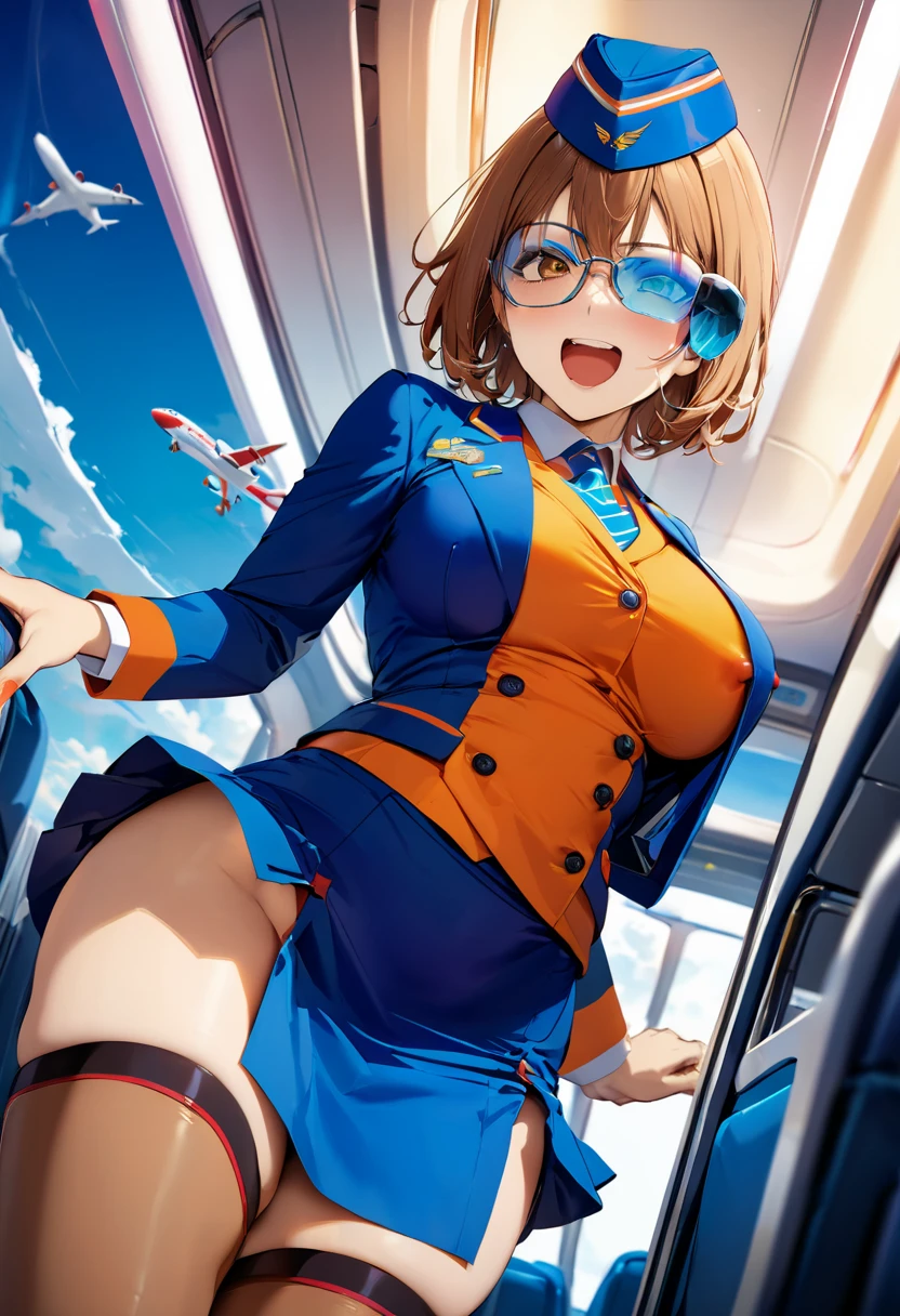 masterpiece,best quality,ultra detailed,8K,super fine illustration,highly detailed beautiful face and eyes,perfect anatomy,professional lighting,1 flight attendant,microskirt and boots uniform, big breast, covered nipples, ligth brown eyes, orange and blue dress, blue cap, galsses, smile,airplane interior,dynamic angle,depth of field,chromatic_aberration,masterpiece,best quality,very aesthetic,absurdres,newest,screaming, looking down.